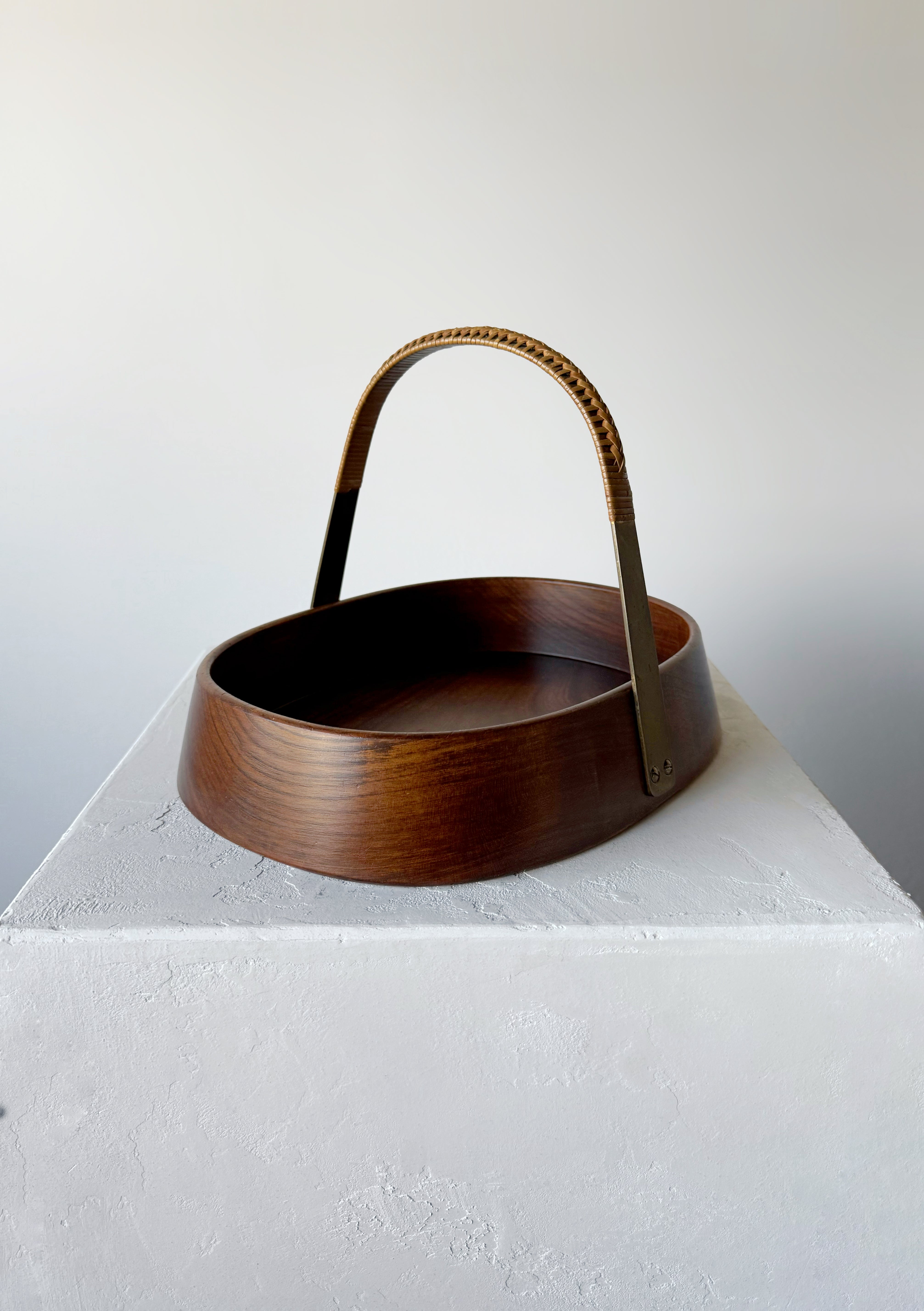Vintage Teak Bowl with Brass and Rattan Handle by Carl Auböck, Austria 1950s