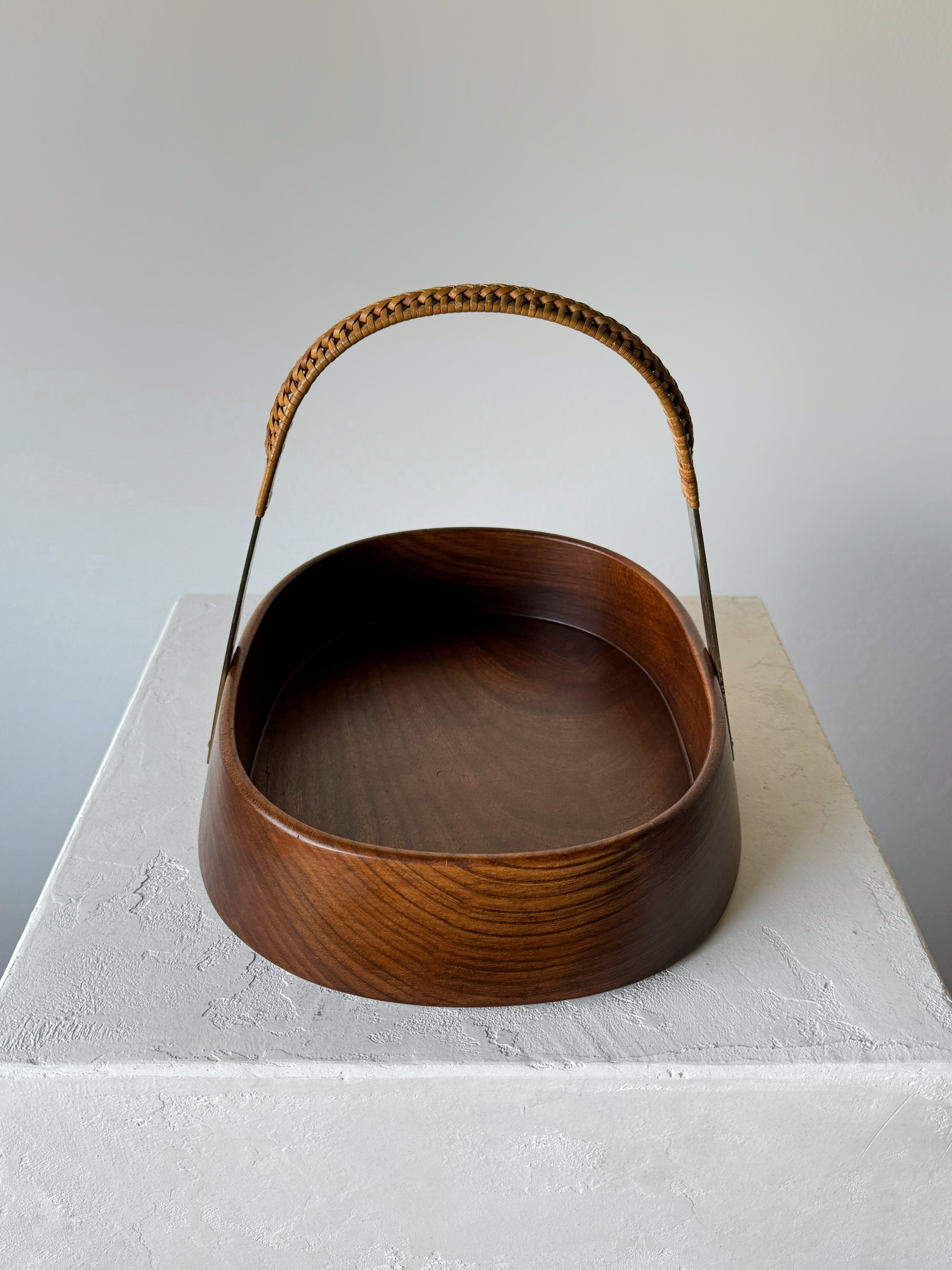 Vintage Teak Bowl with Brass and Rattan Handle by Carl Auböck, Austria 1950s