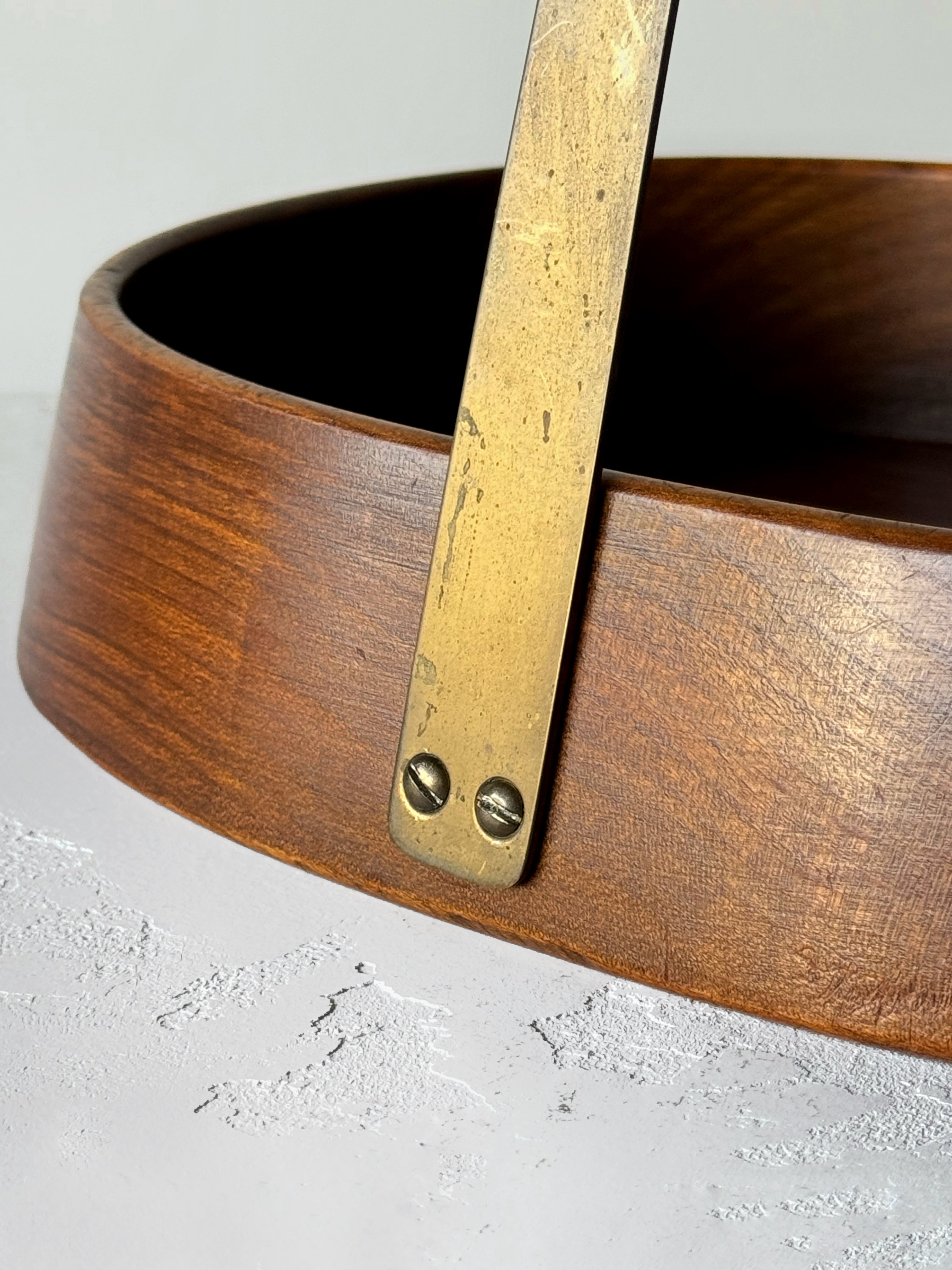 Vintage Teak Bowl with Brass and Rattan Handle by Carl Auböck, Austria 1950s