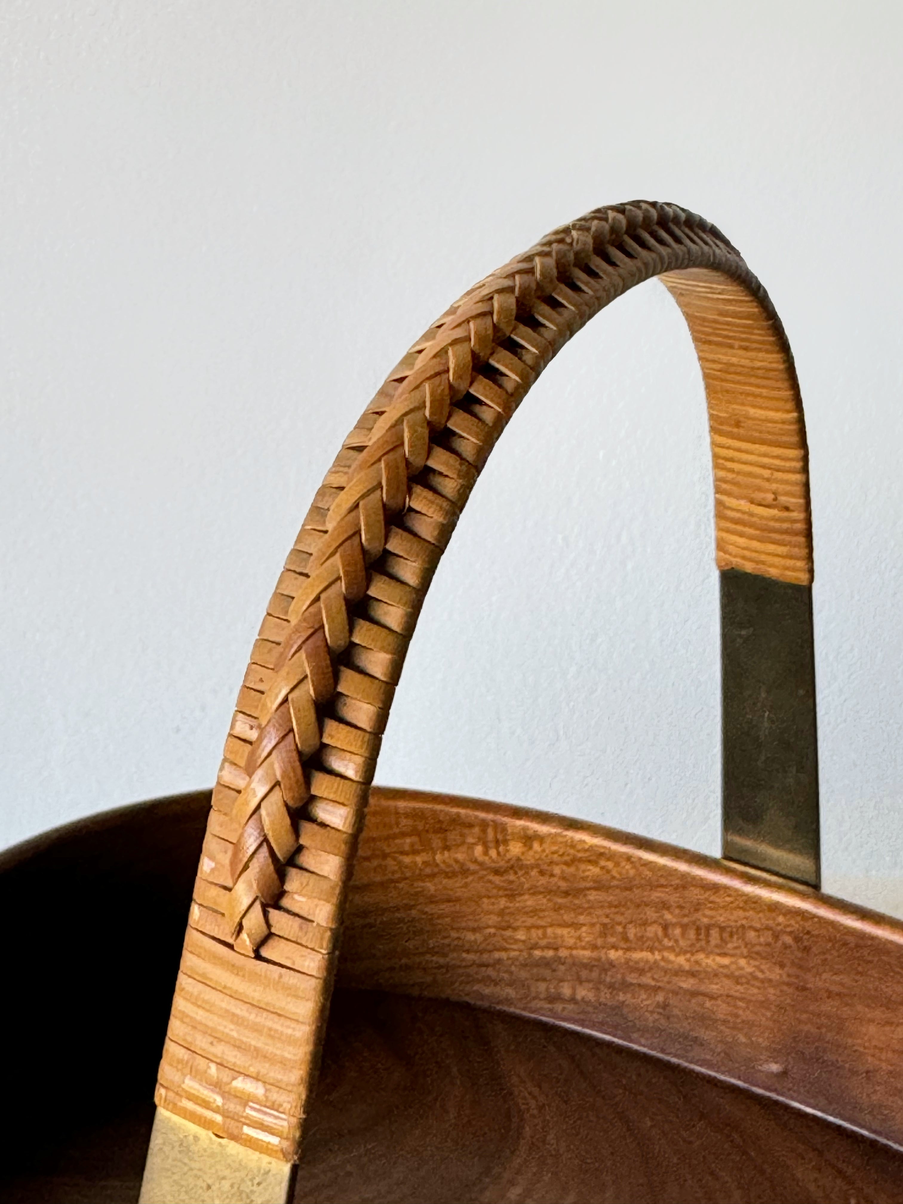Vintage Teak Bowl with Brass and Rattan Handle by Carl Auböck, Austria 1950s