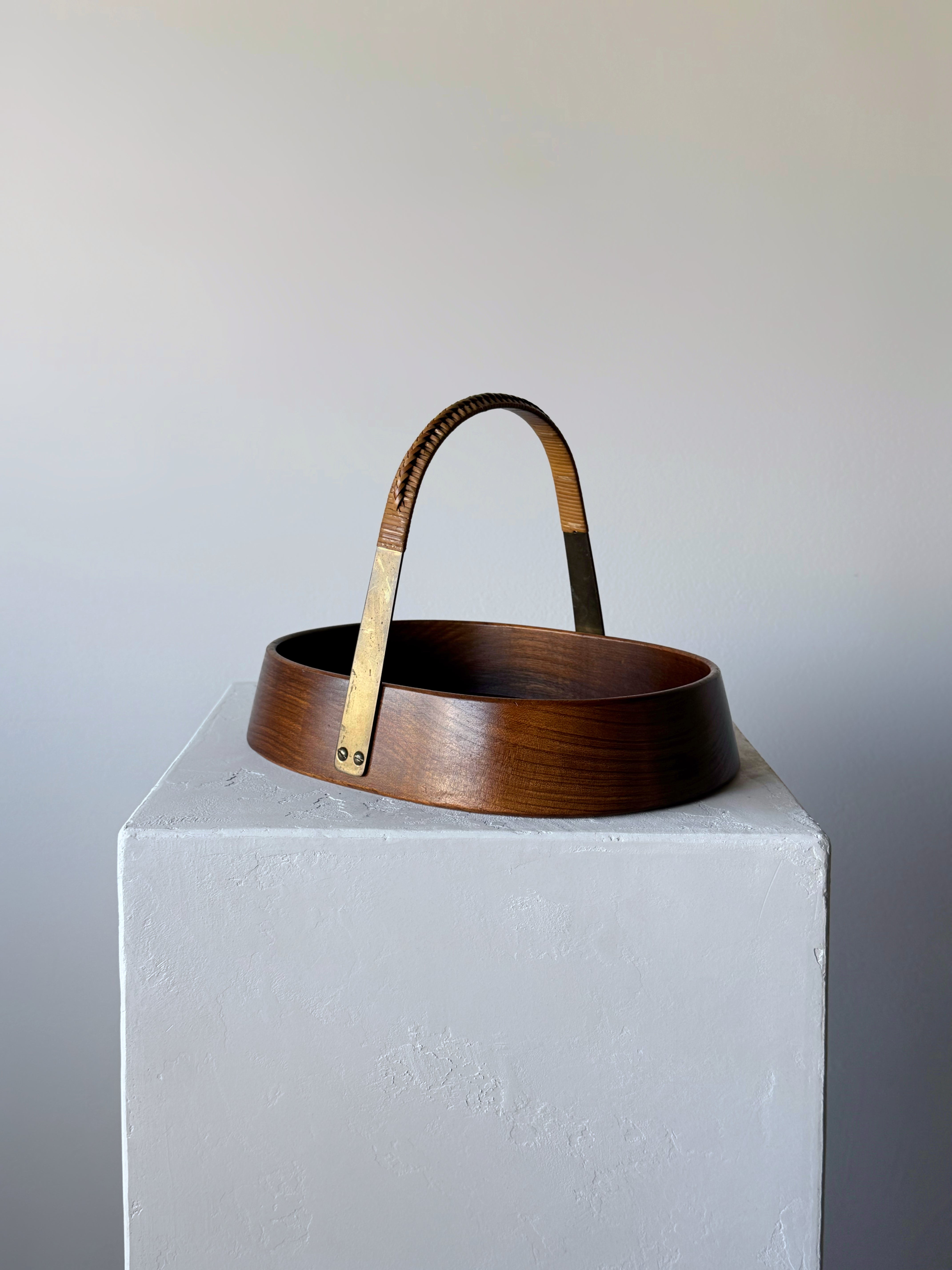 Vintage Teak Bowl with Brass and Rattan Handle by Carl Auböck, Austria 1950s