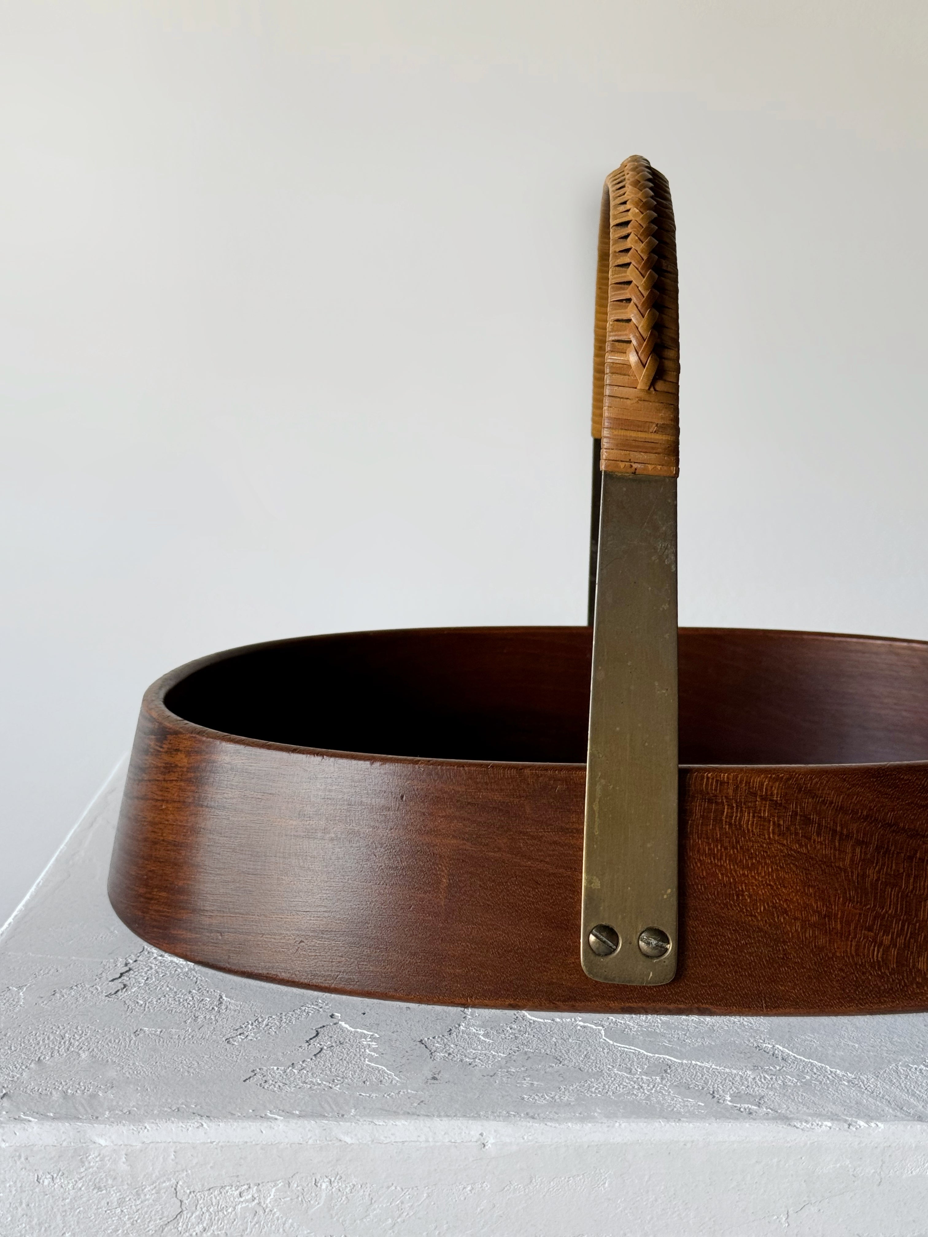 Vintage Teak Bowl with Brass and Rattan Handle by Carl Auböck, Austria 1950s