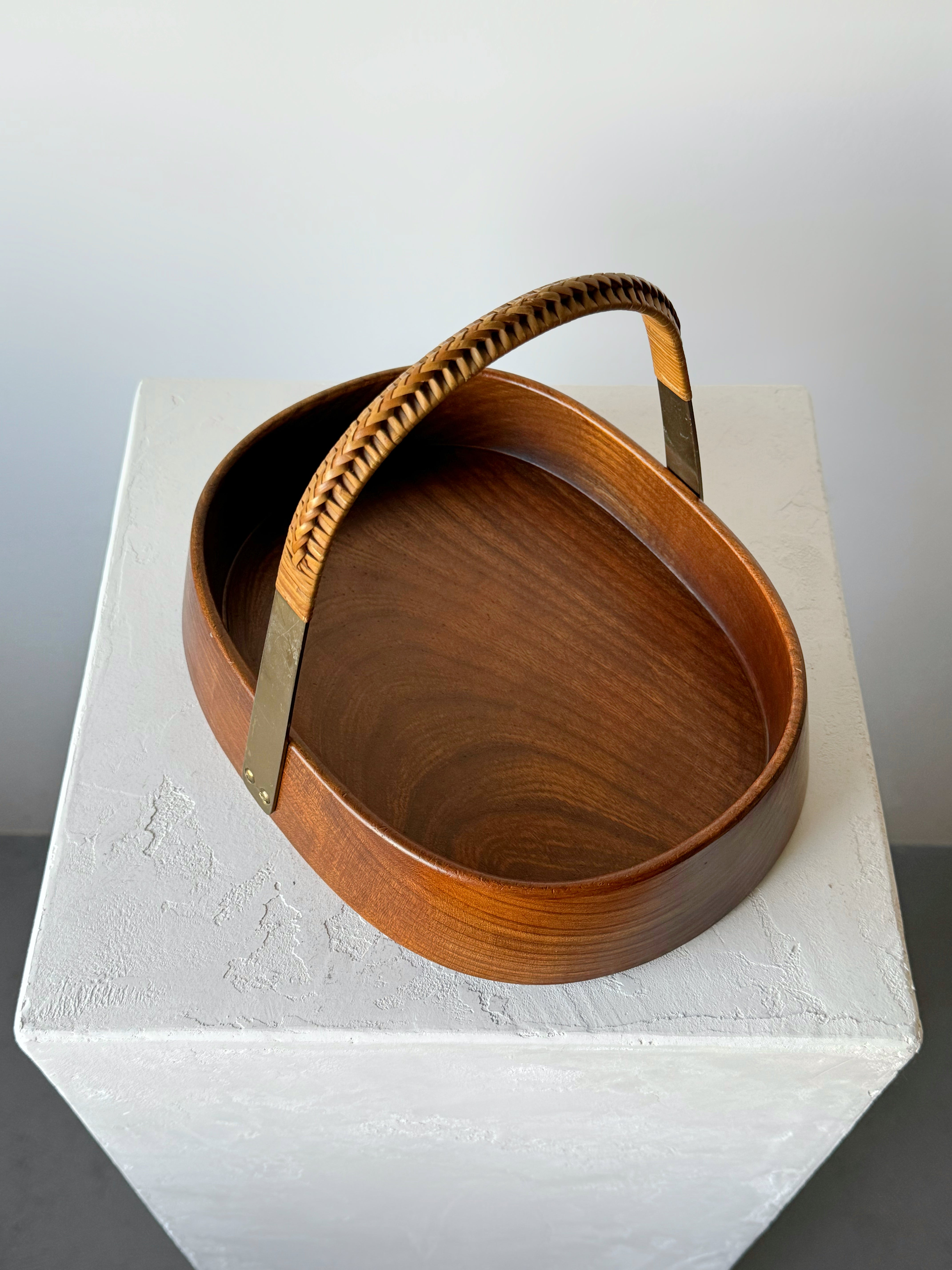Vintage Teak Bowl with Brass and Rattan Handle by Carl Auböck, Austria 1950s