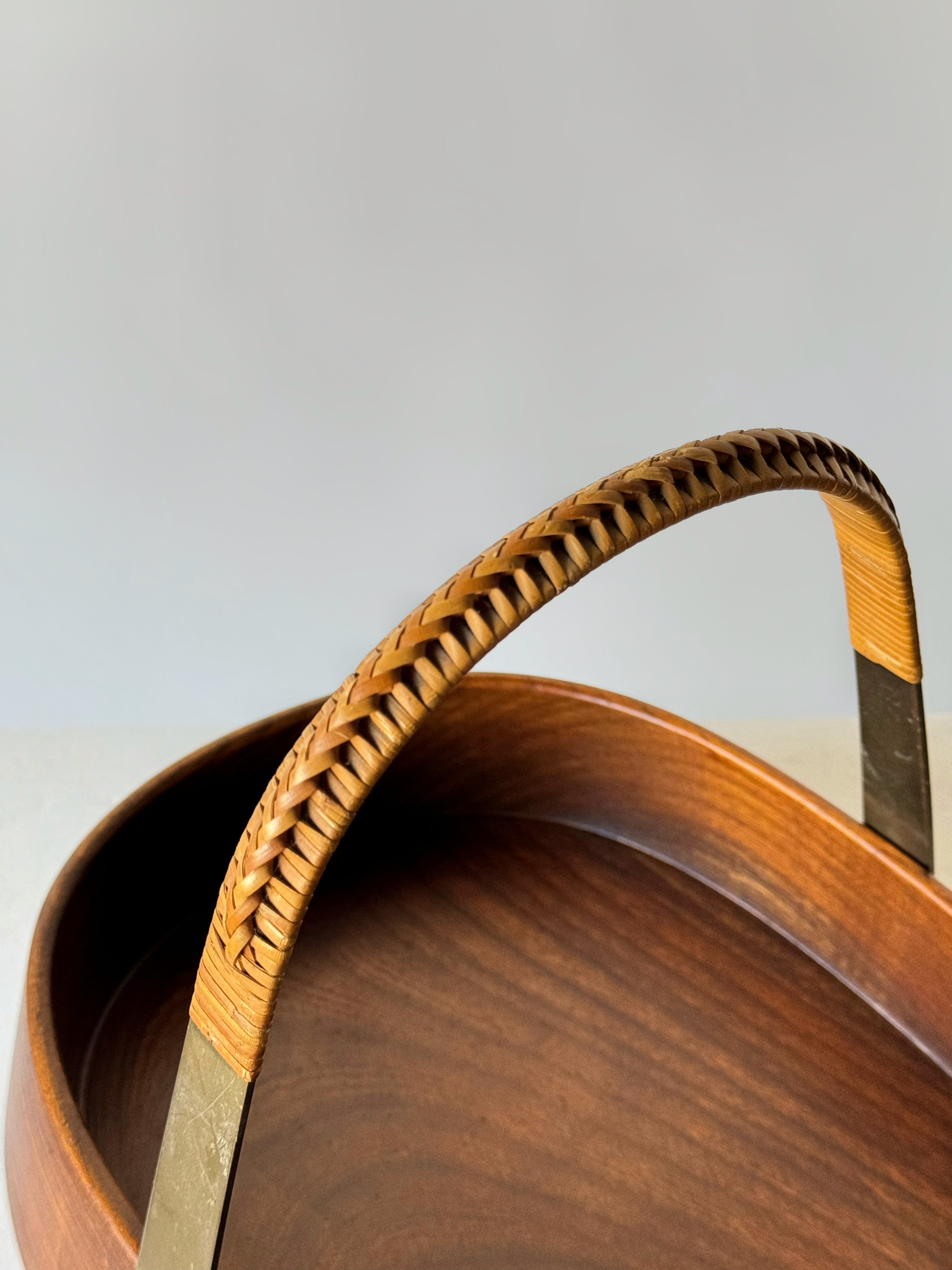 Vintage Teak Bowl with Brass and Rattan Handle by Carl Auböck, Austria 1950s