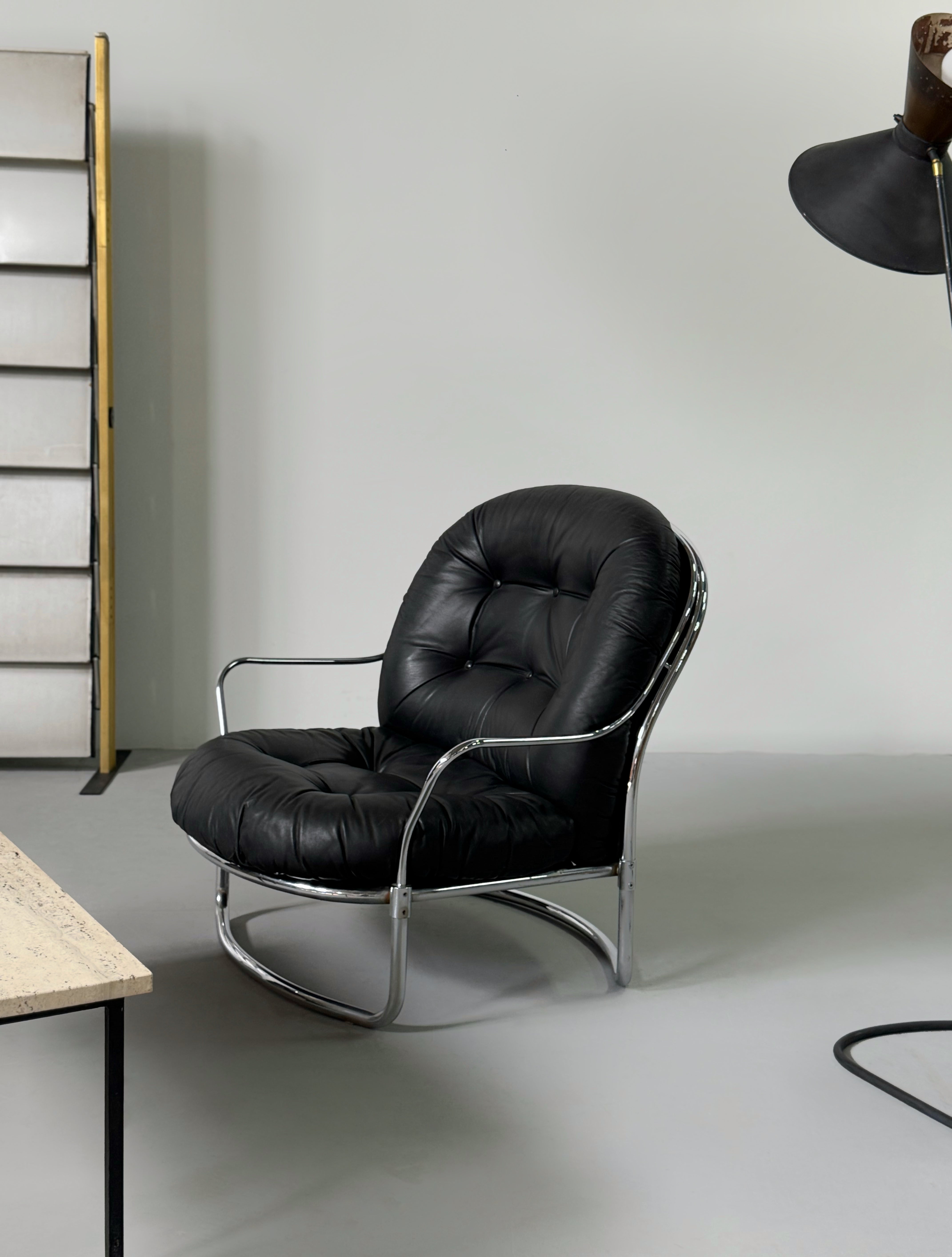 "915" Black Leather Armchair & Ottoman by Carlo de Carli, Italy 1960s