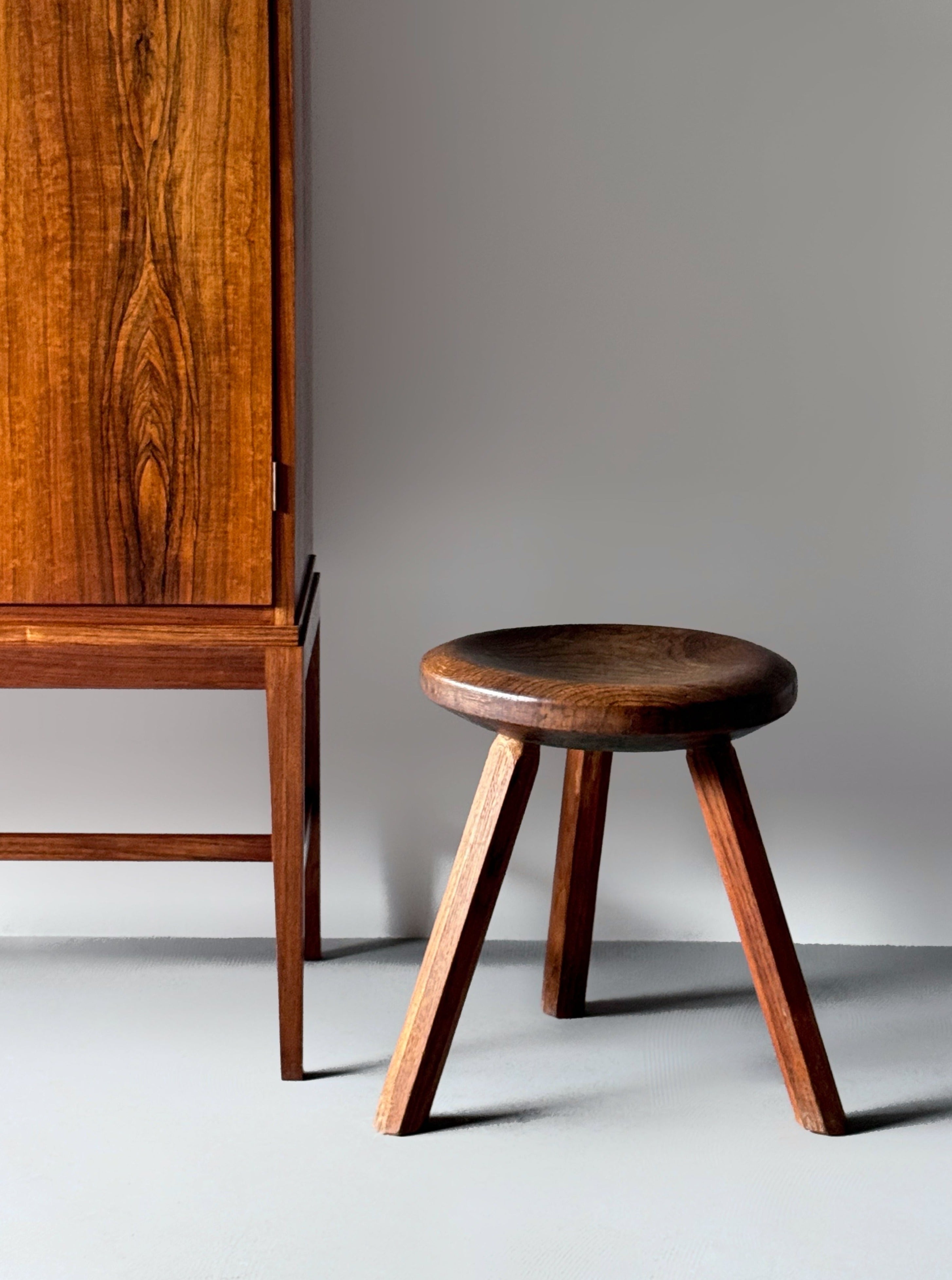 Danish Brutalist Wooden Tripod Stool