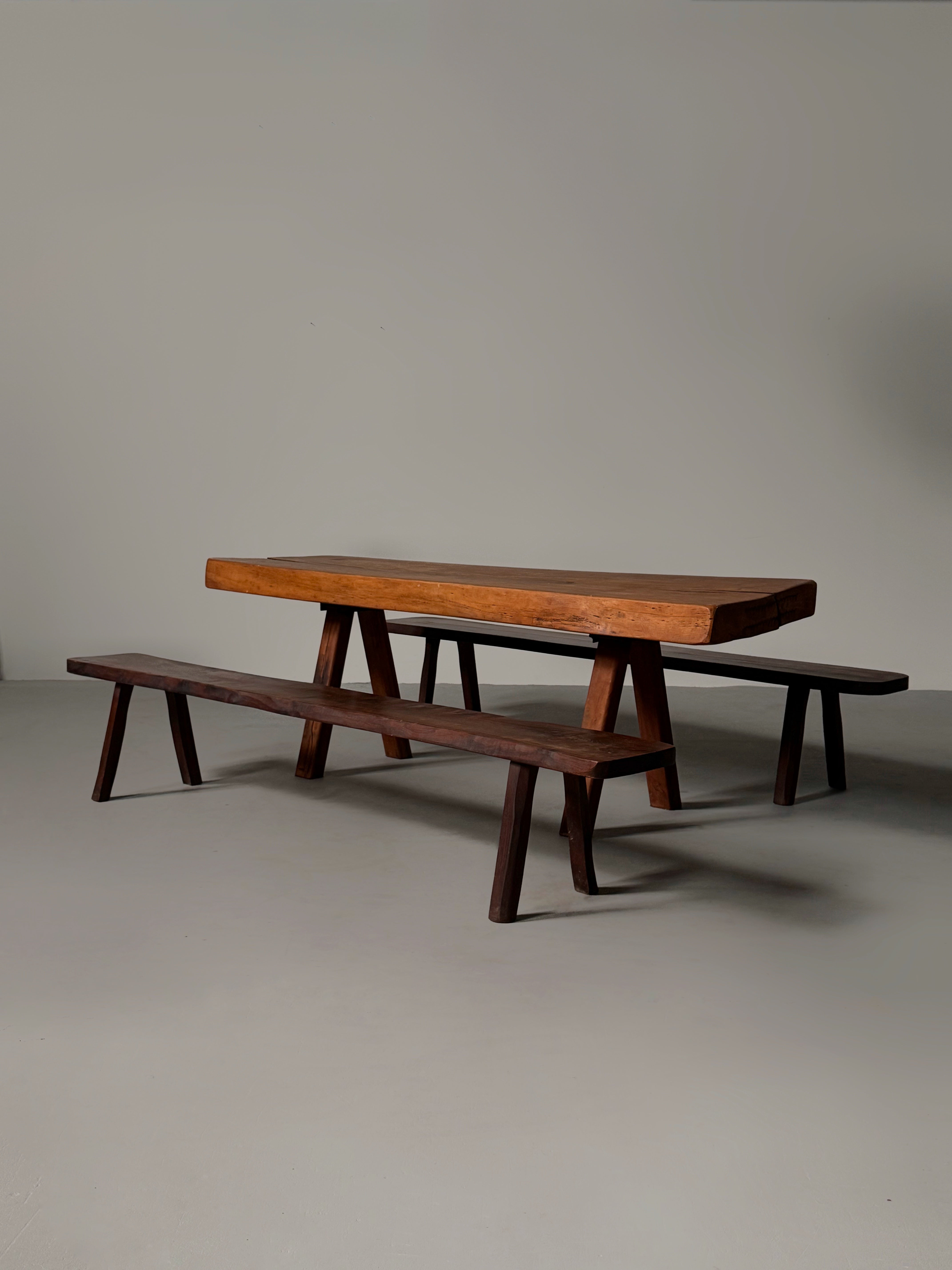 Handmade Oak brutalist table by Mobichalet, Belgium 1960s