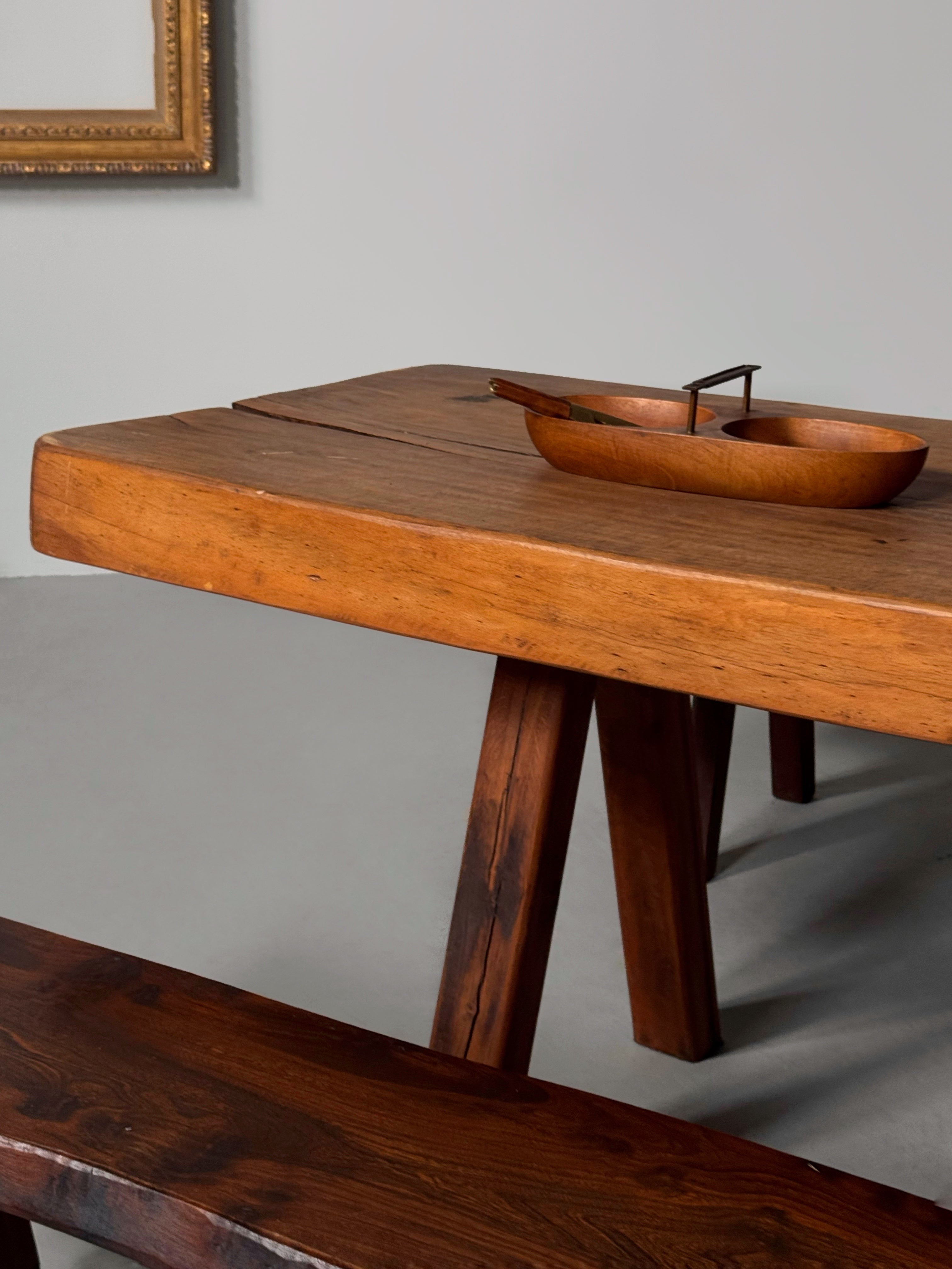 Handmade Oak brutalist table by Mobichalet, Belgium 1960s