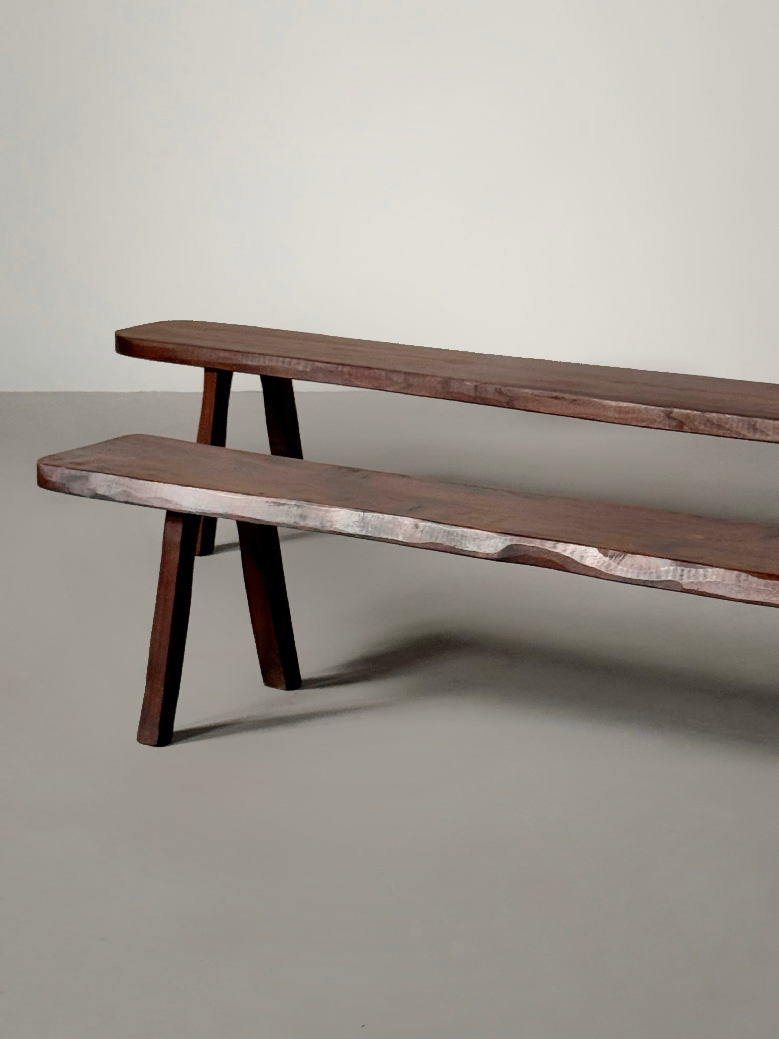 Sculptural Bench in stained elm, French 1970s