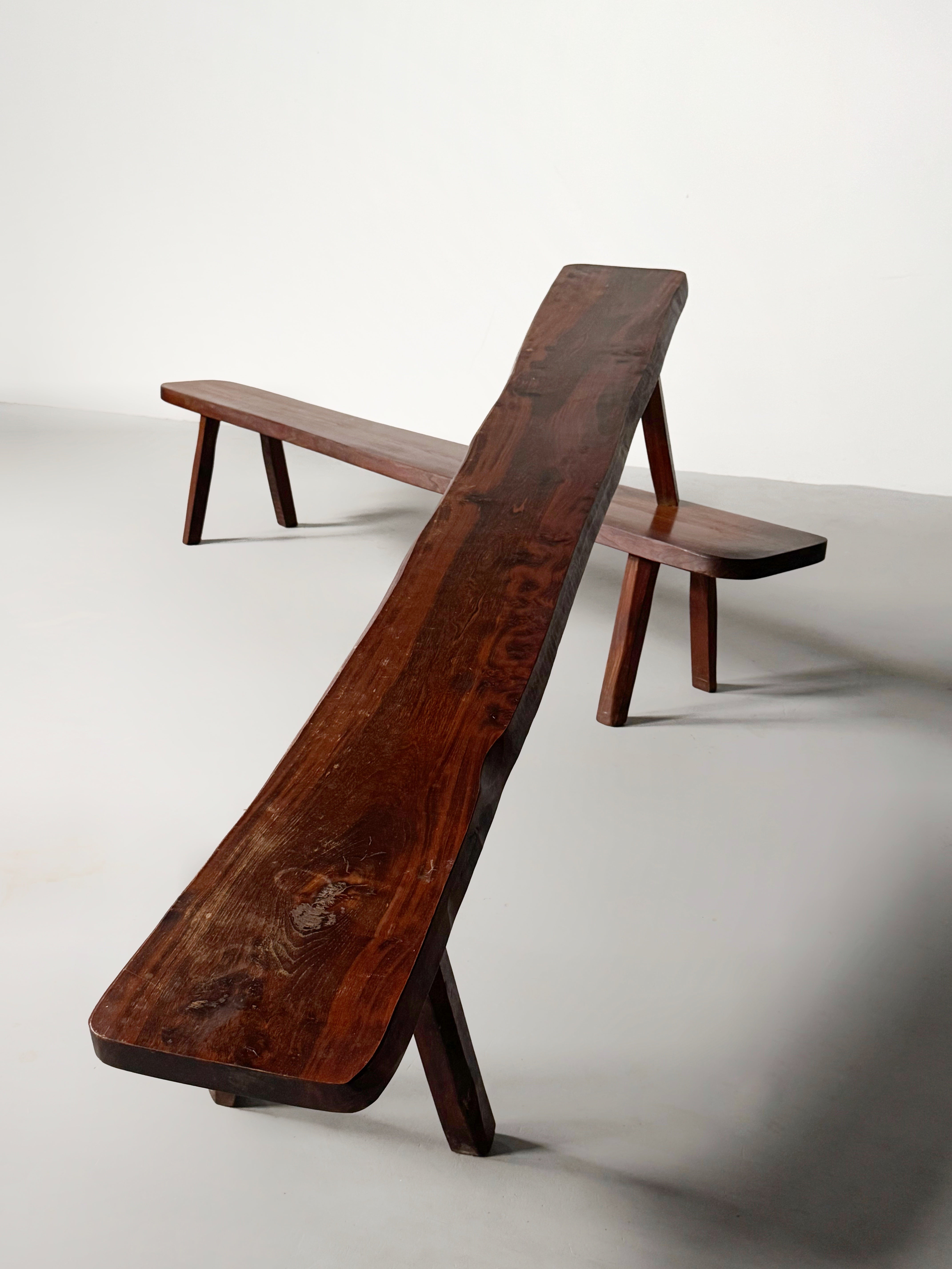 Sculptural Bench in stained elm, French 1970s