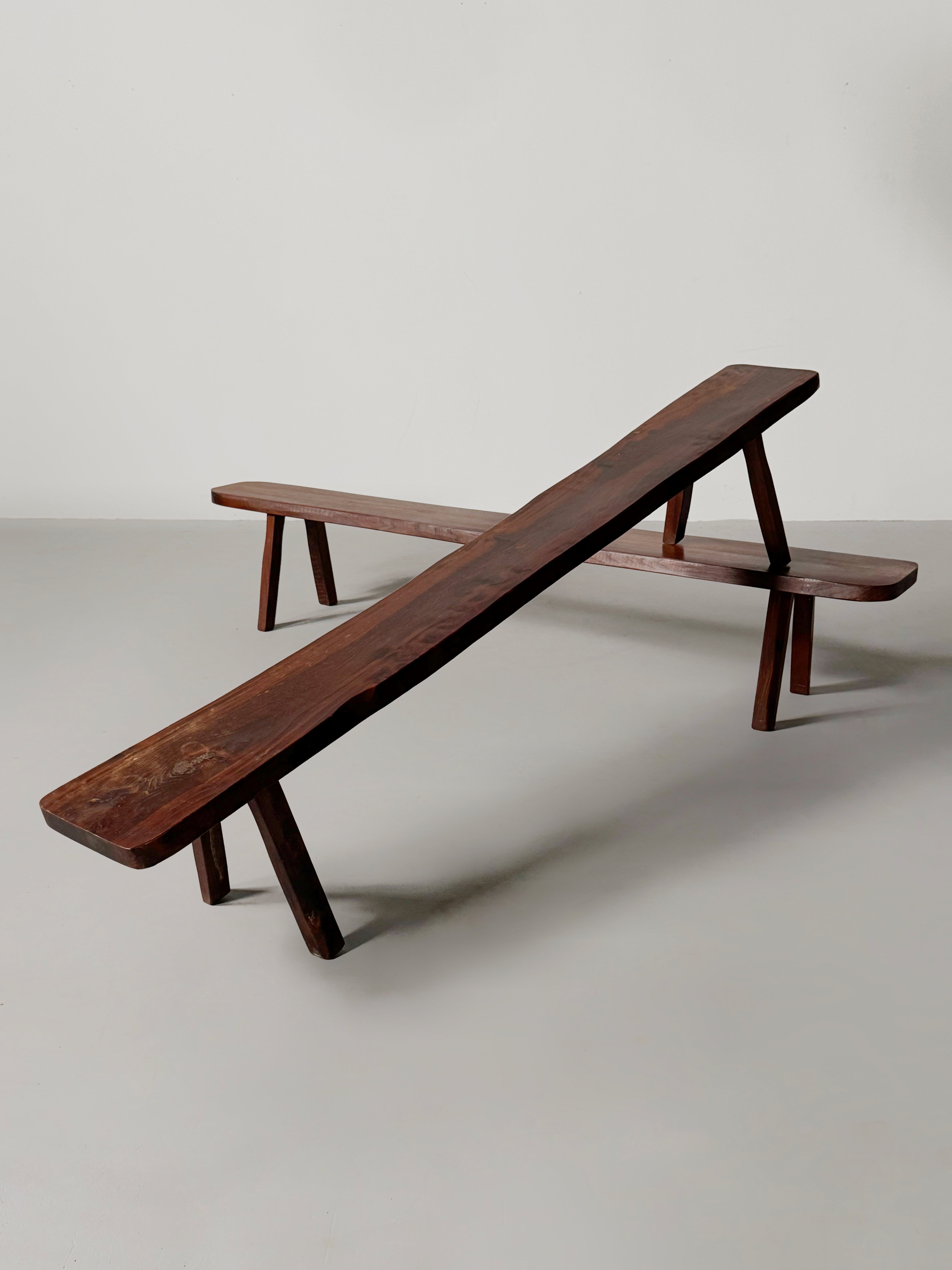Sculptural Bench in stained elm, French 1970s