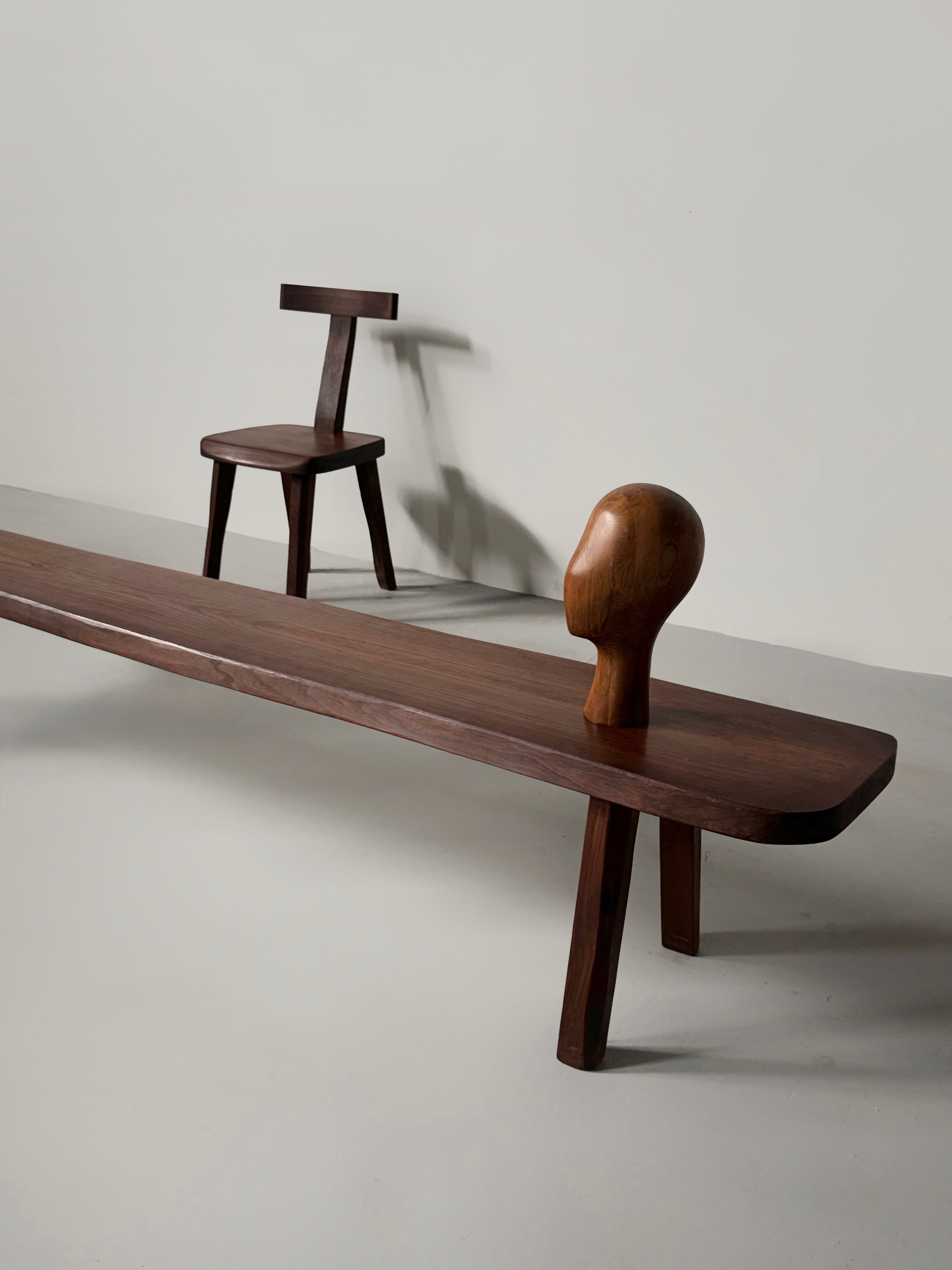 Sculptural Bench in stained elm, French 1970s