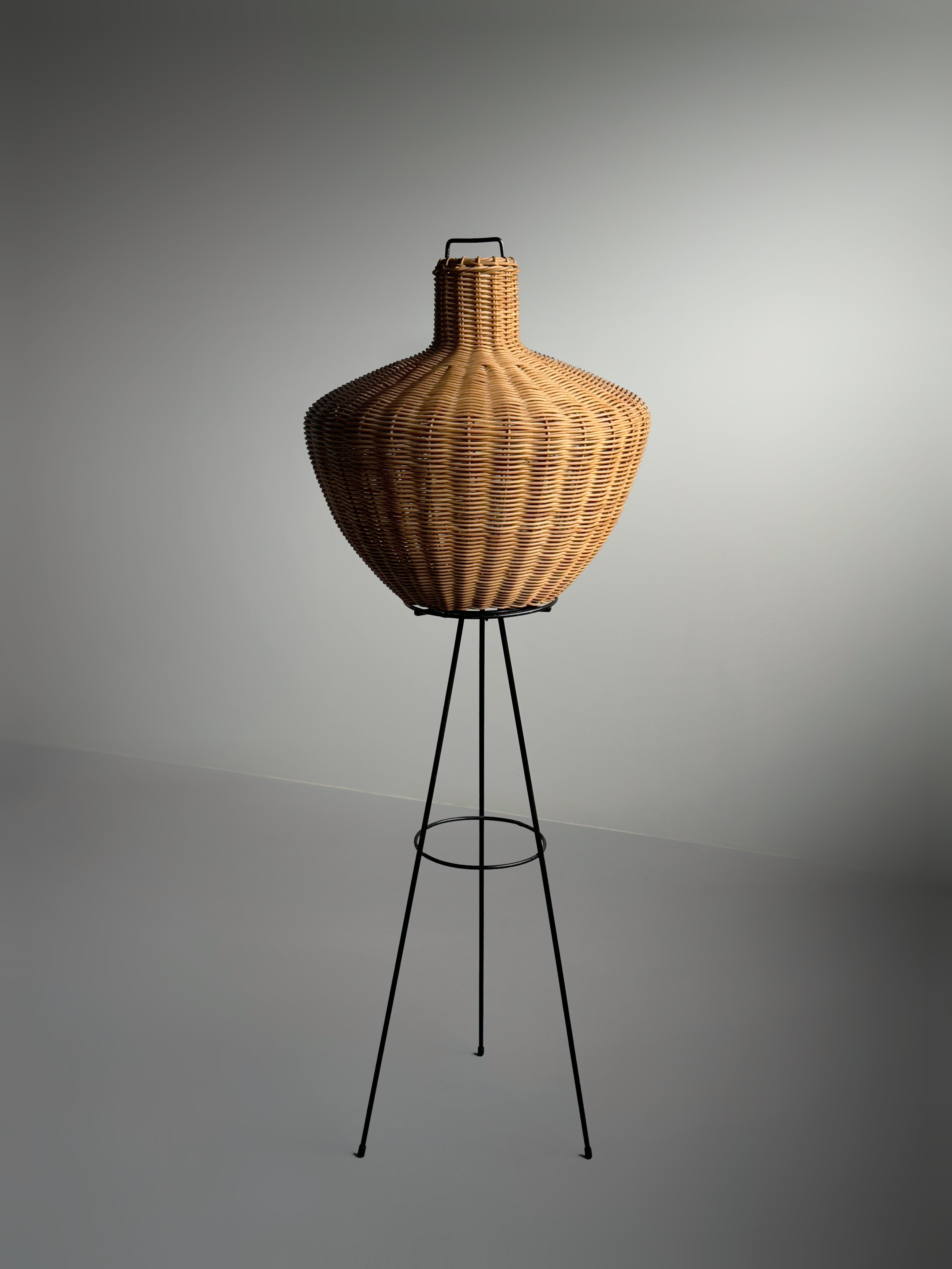 Tripod floor lamp in black metal and rattan 1950s