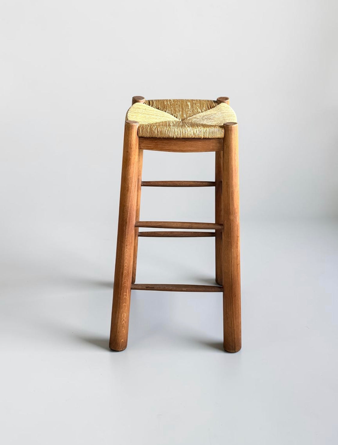 French Brutalist Wooden Stool with Handwoven Rush Seat, 1950s