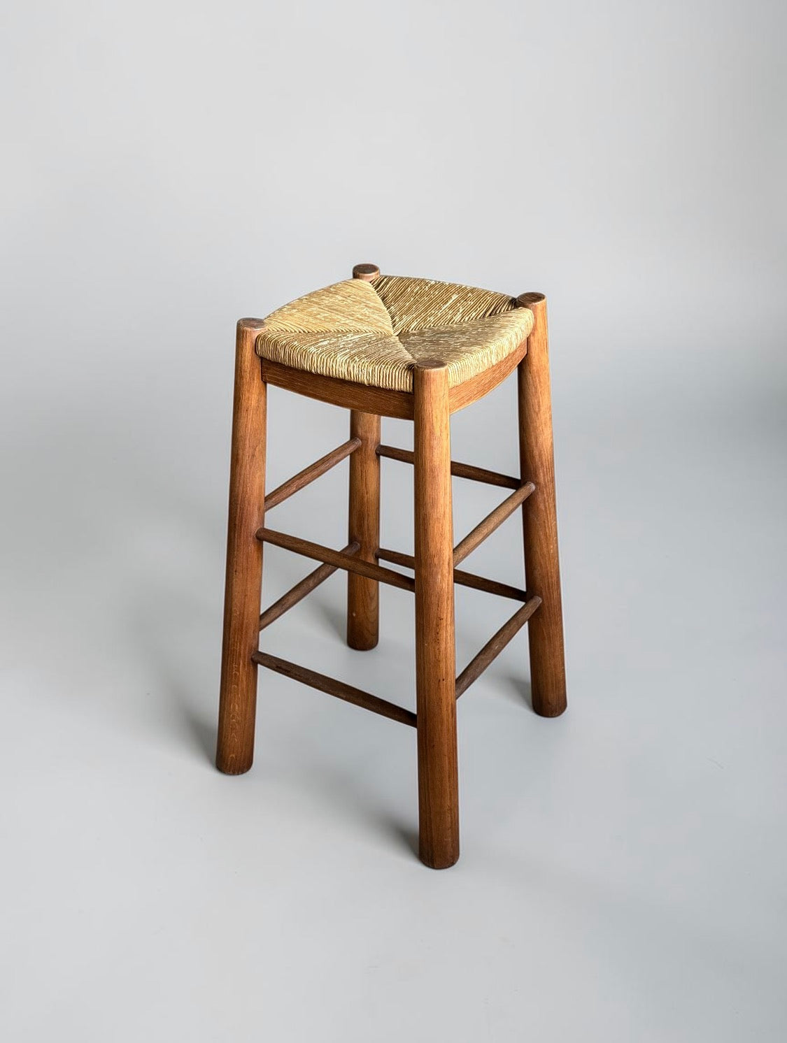 French Brutalist Wooden Stool with Handwoven Rush Seat, 1950s