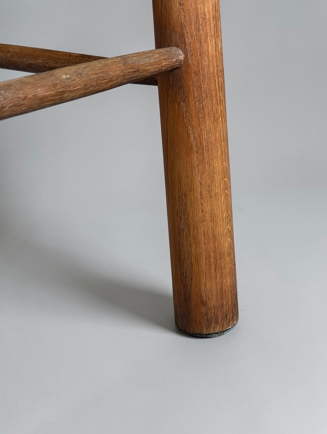 French Brutalist Wooden Stool with Handwoven Rush Seat, 1950s