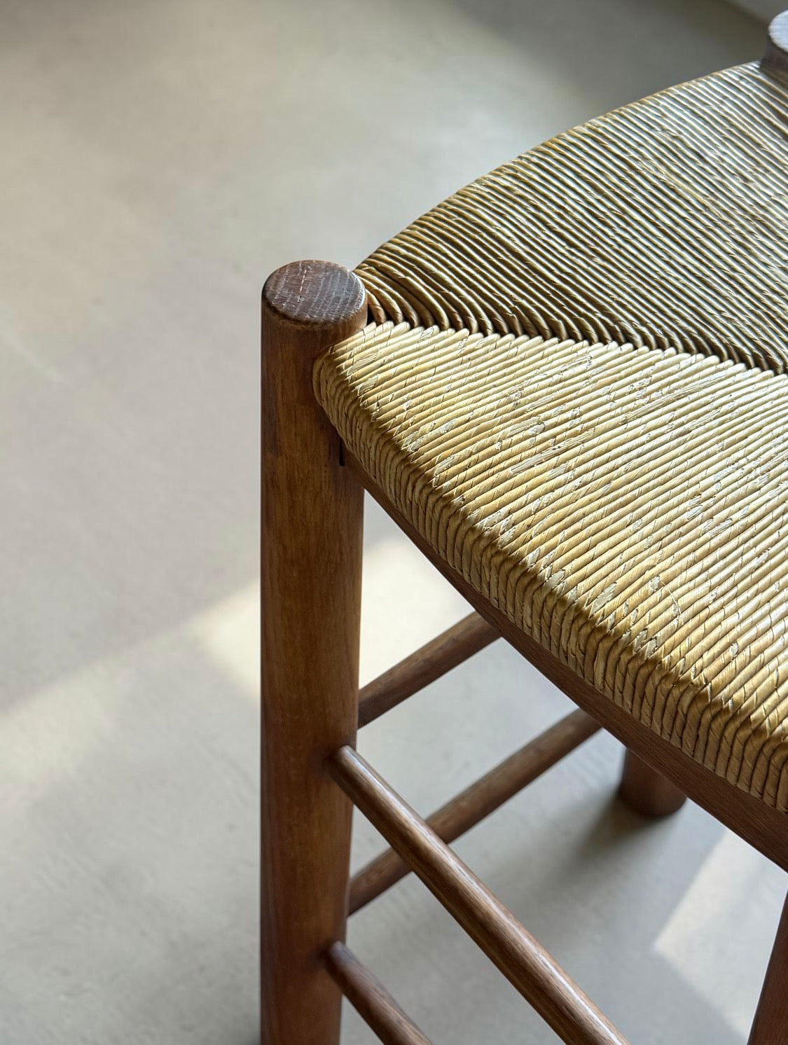 French Brutalist Wooden Stool with Handwoven Rush Seat, 1950s