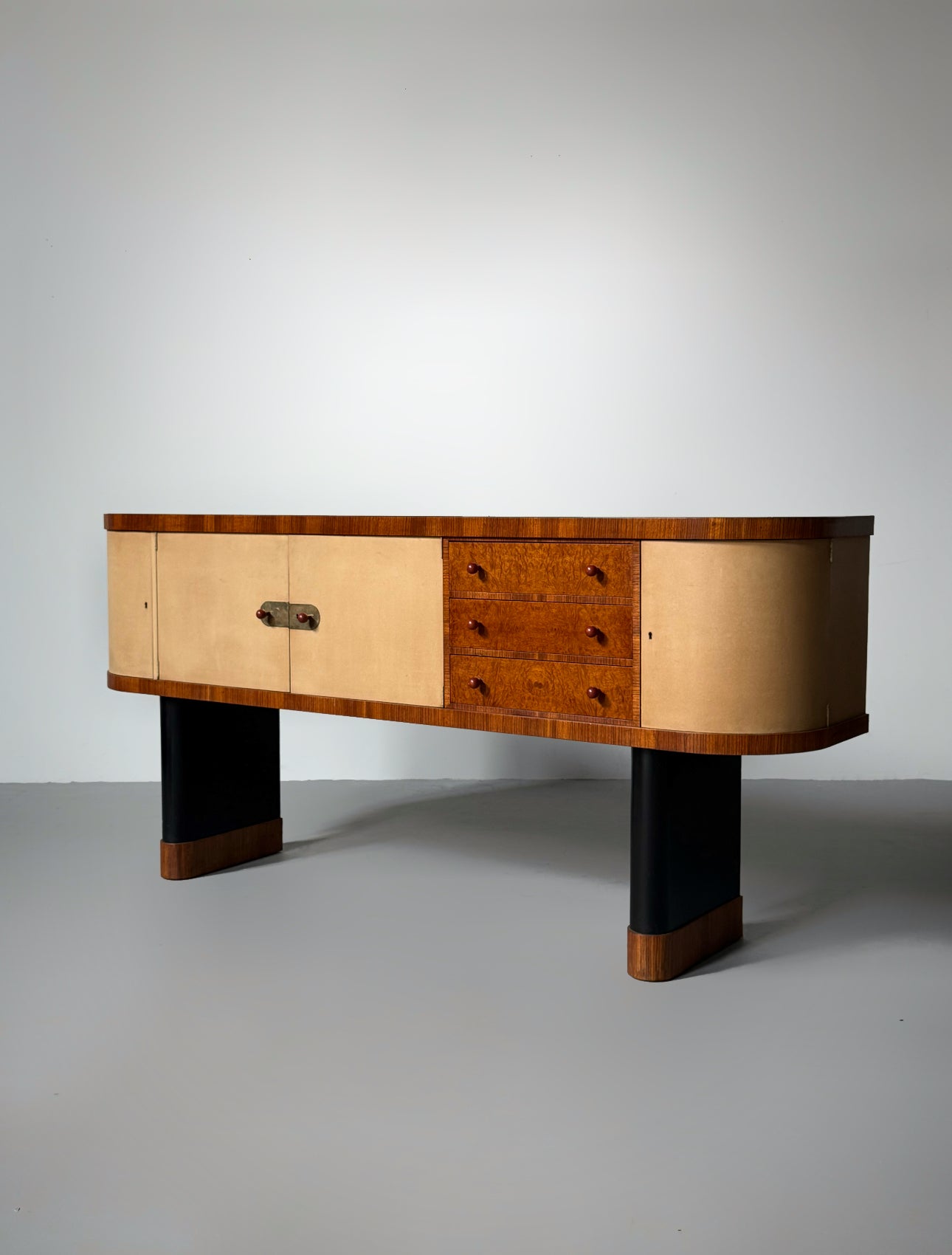 Torkov / unique Zebrano Sideboard on two black lacquered, oval pillar-legs, Denmark