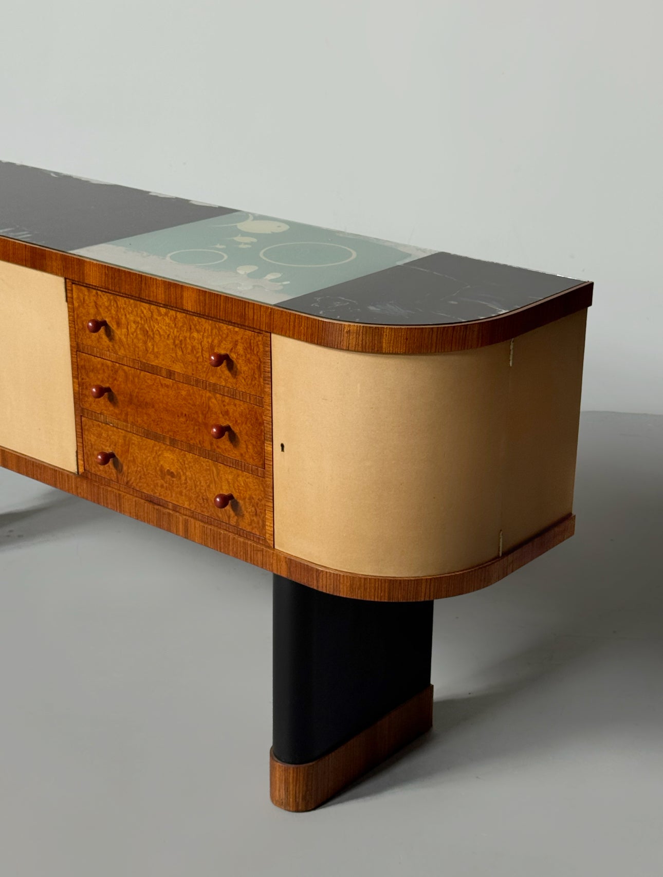 Torkov / unique Zebrano Sideboard on two black lacquered, oval pillar-legs, Denmark