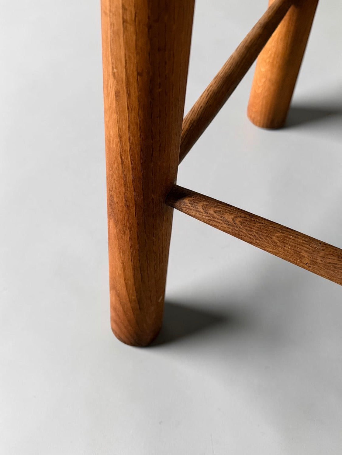 French Brutalist Wooden Stool with Handwoven Rush Seat, 1950s