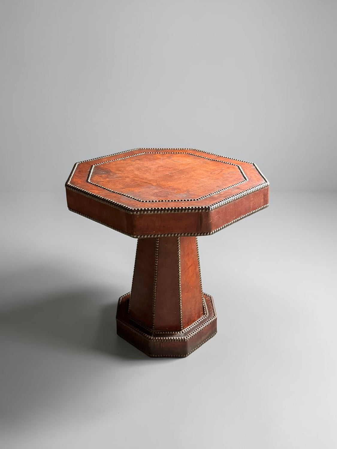 French Art Deco Studded Leather Bound Octagonal Side Table, 1920s