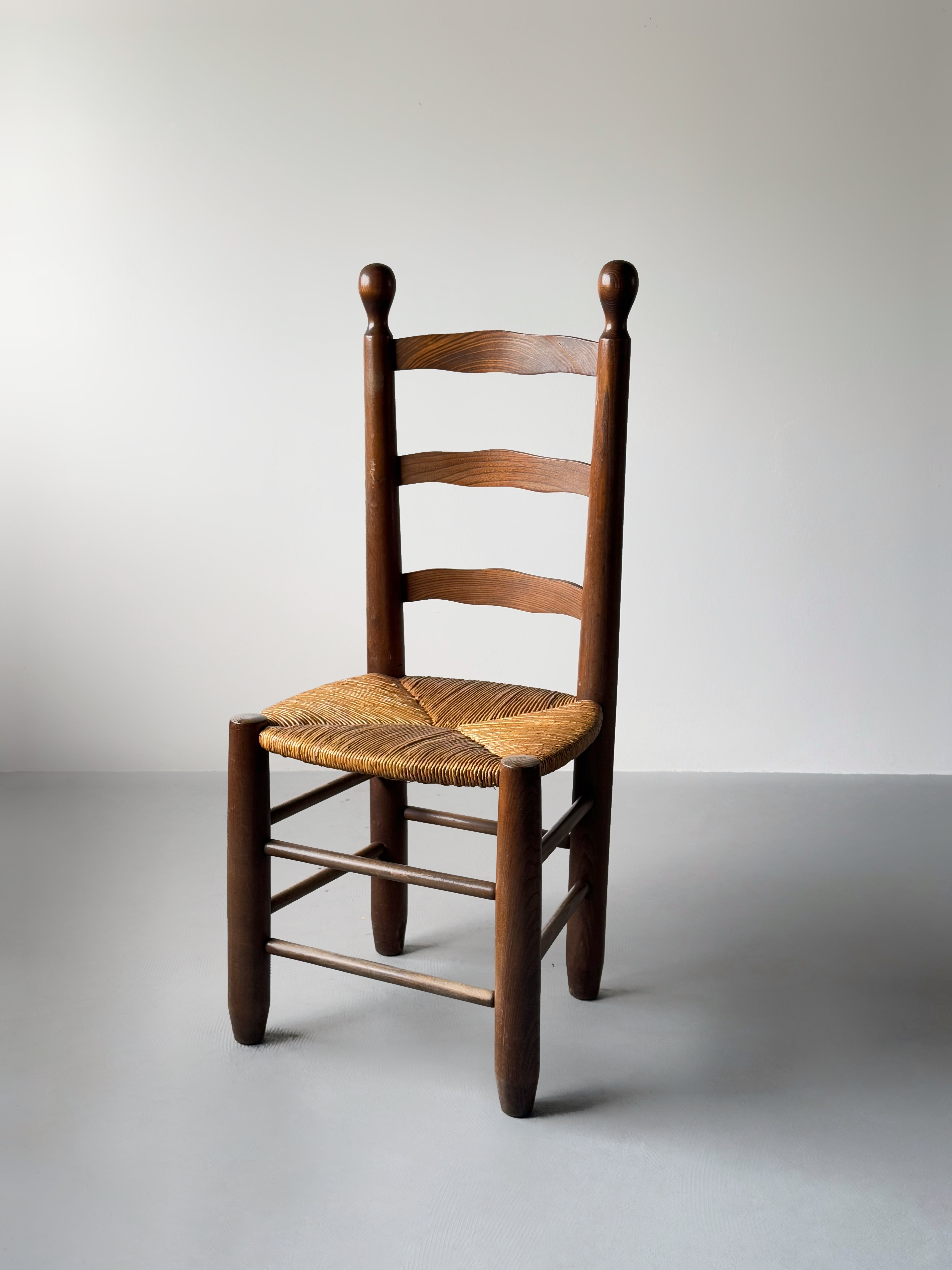 Set of 4 Rush and Oak Dining Chairs, French 1950s