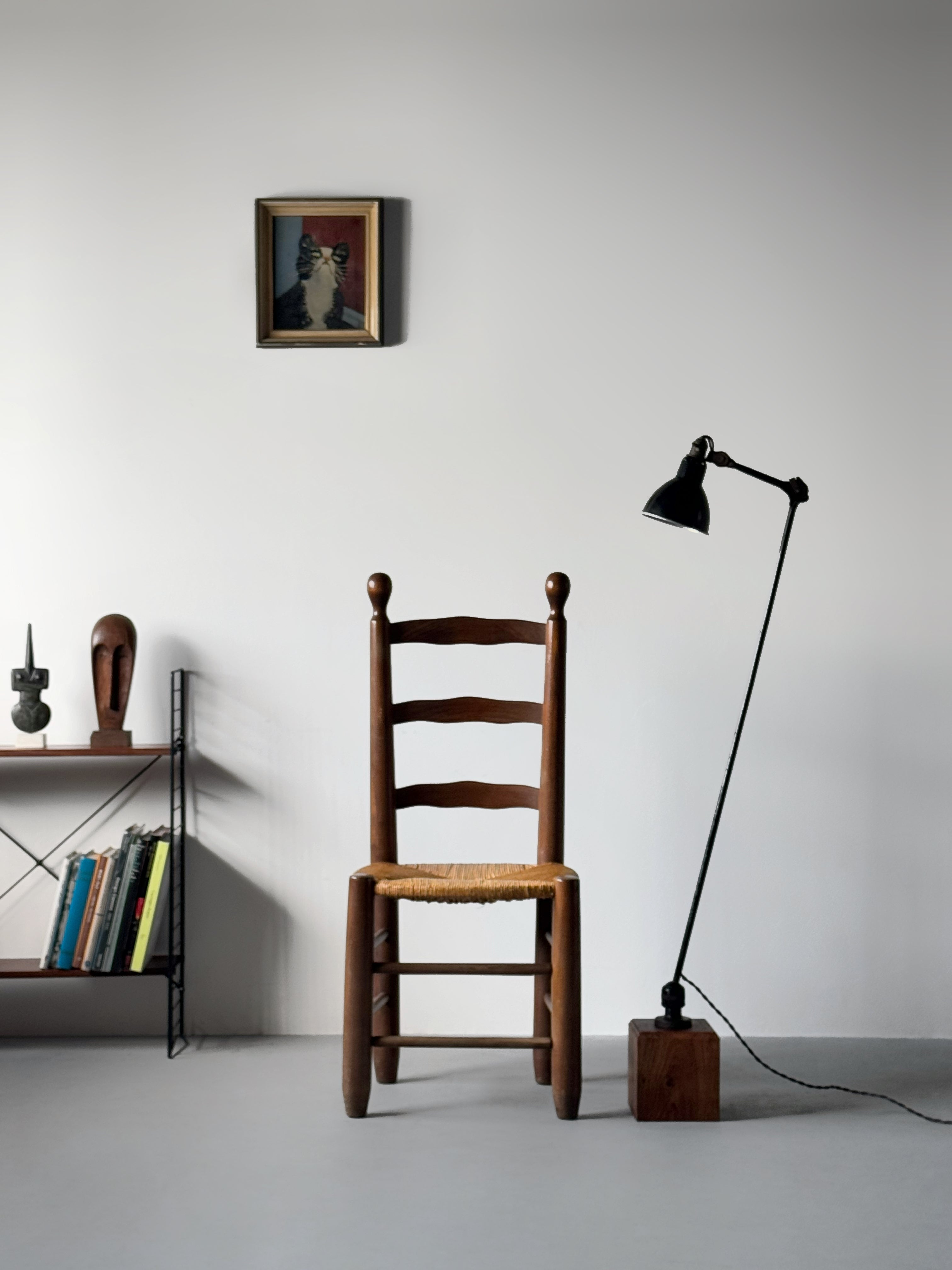 Set of 4 Rush and Oak Dining Chairs, French 1950s