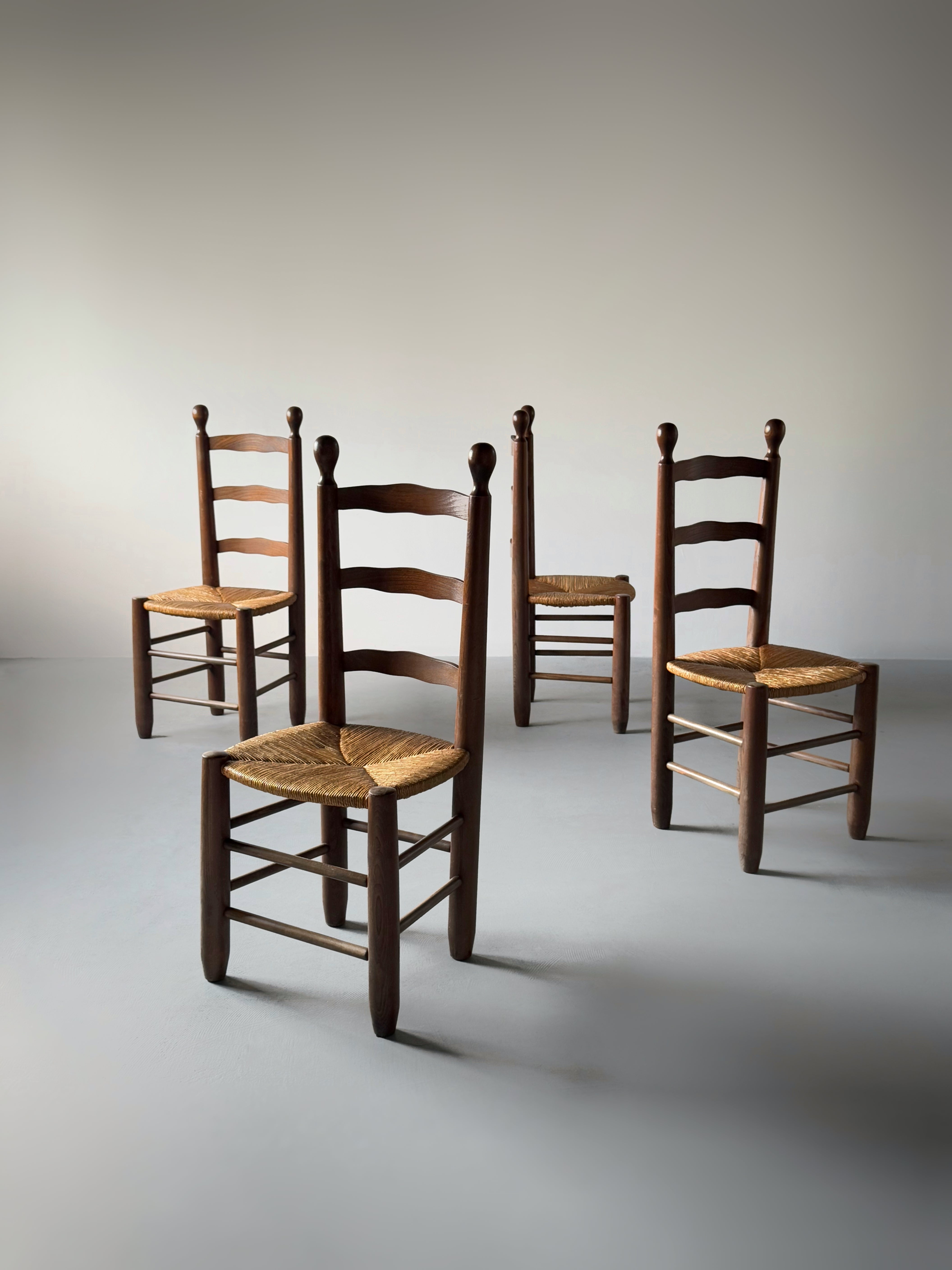 Set of 4 Rush and Oak Dining Chairs, French 1950s
