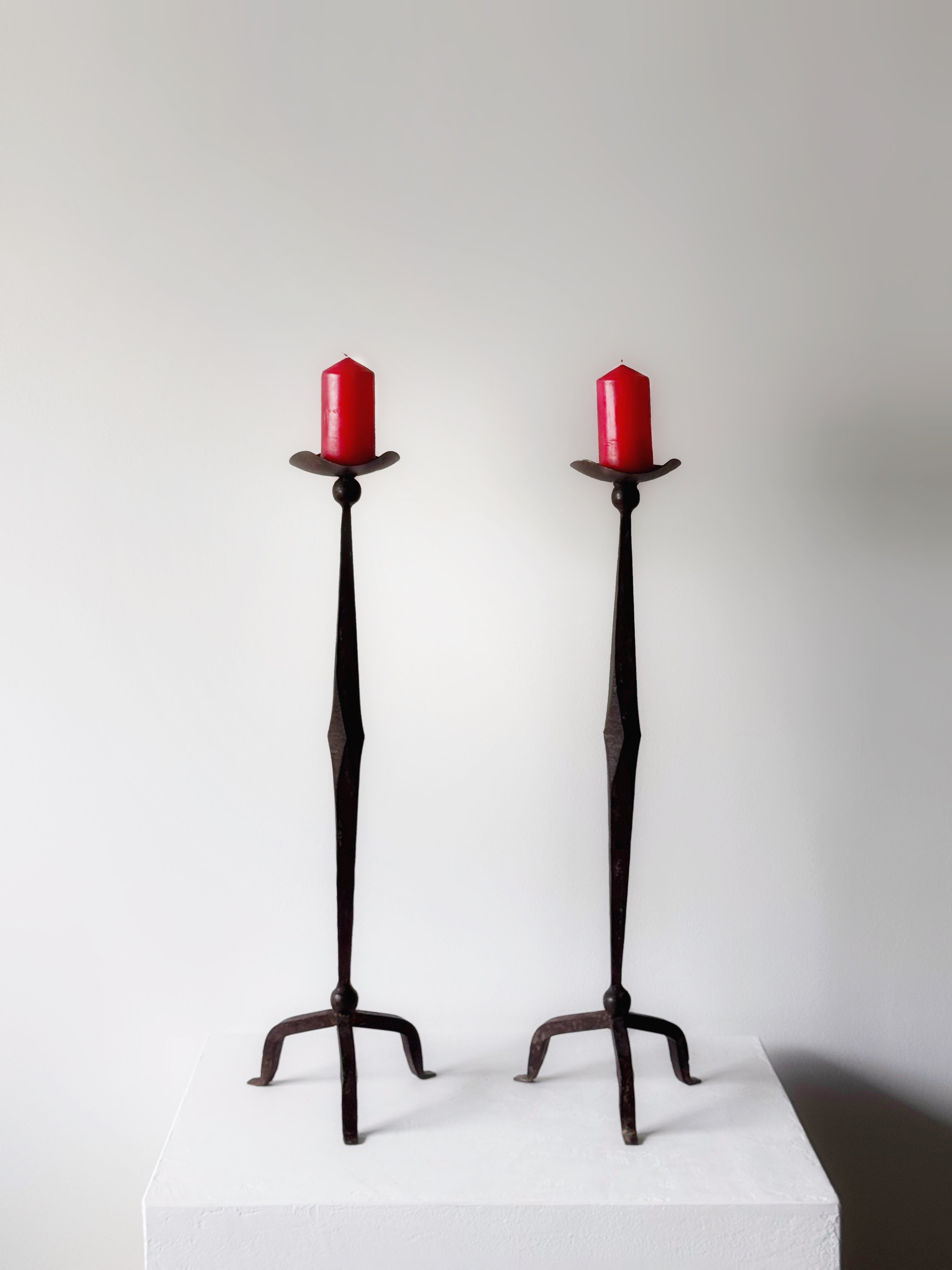 Pair of Brutalist Forged Iron Candle Holders, France 1950s–60s