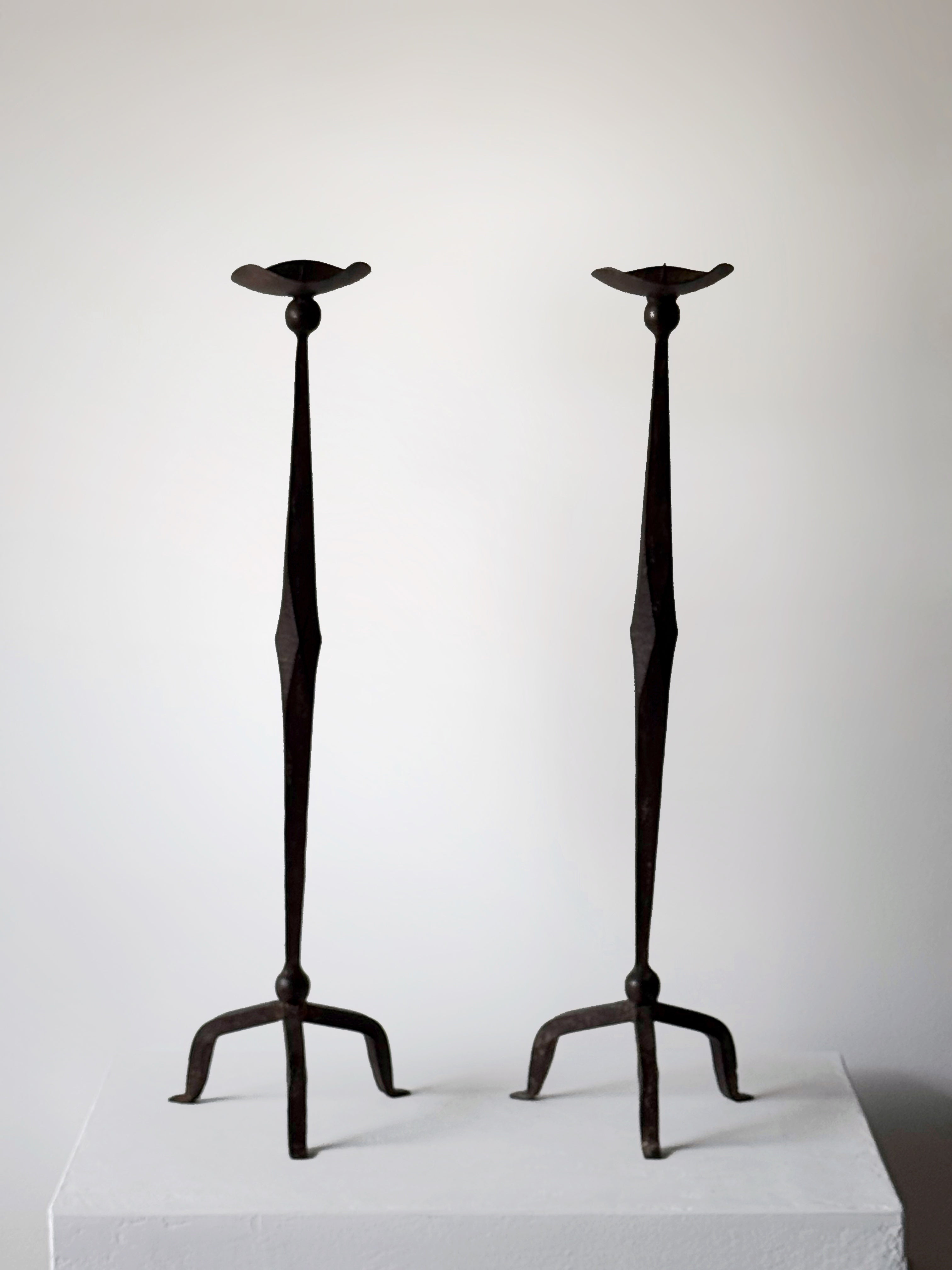 Pair of Brutalist Forged Iron Candle Holders, France 1950s–60s