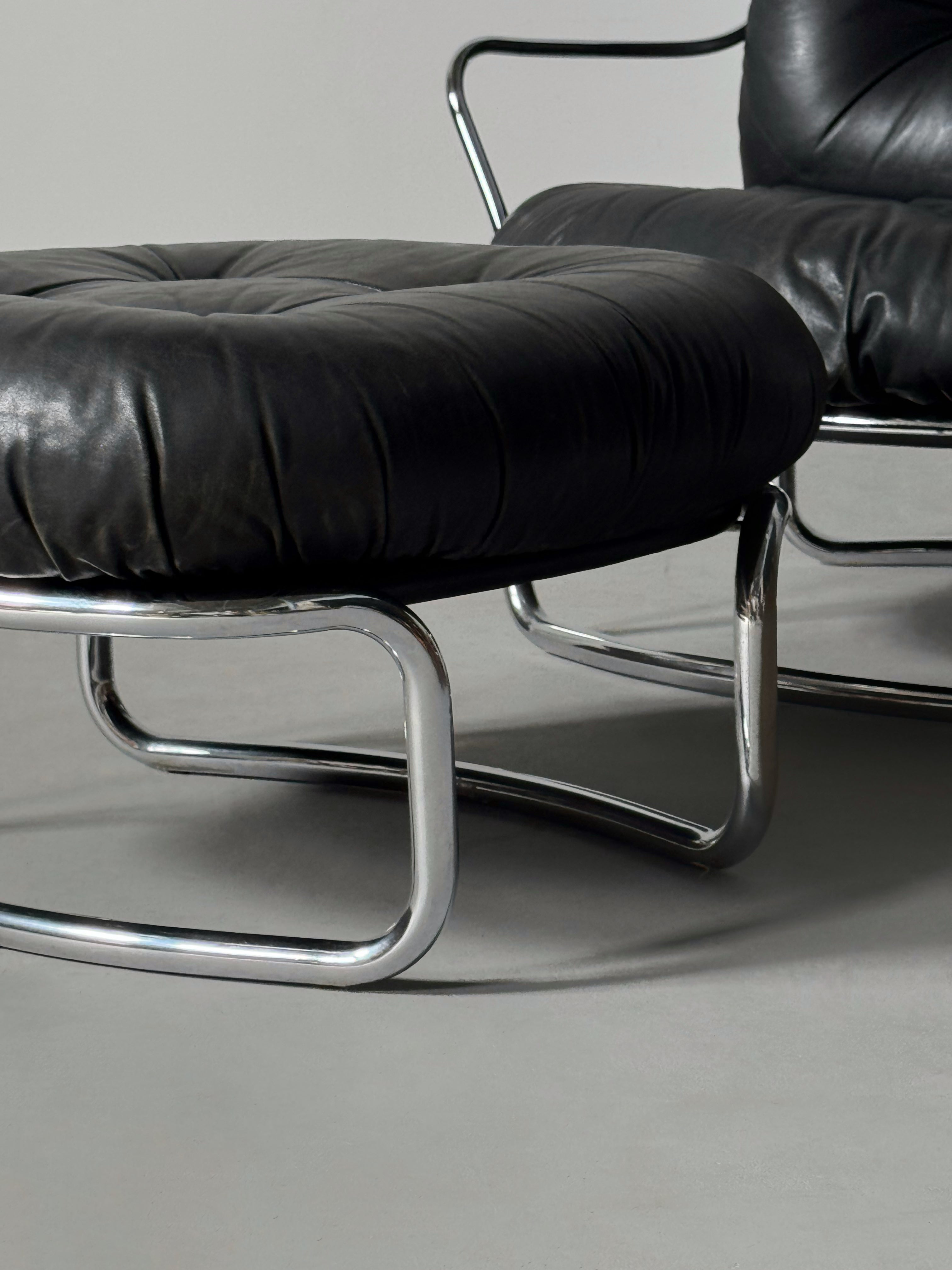 "915" Black Leather Armchair & Ottoman by Carlo de Carli, Italy 1960s
