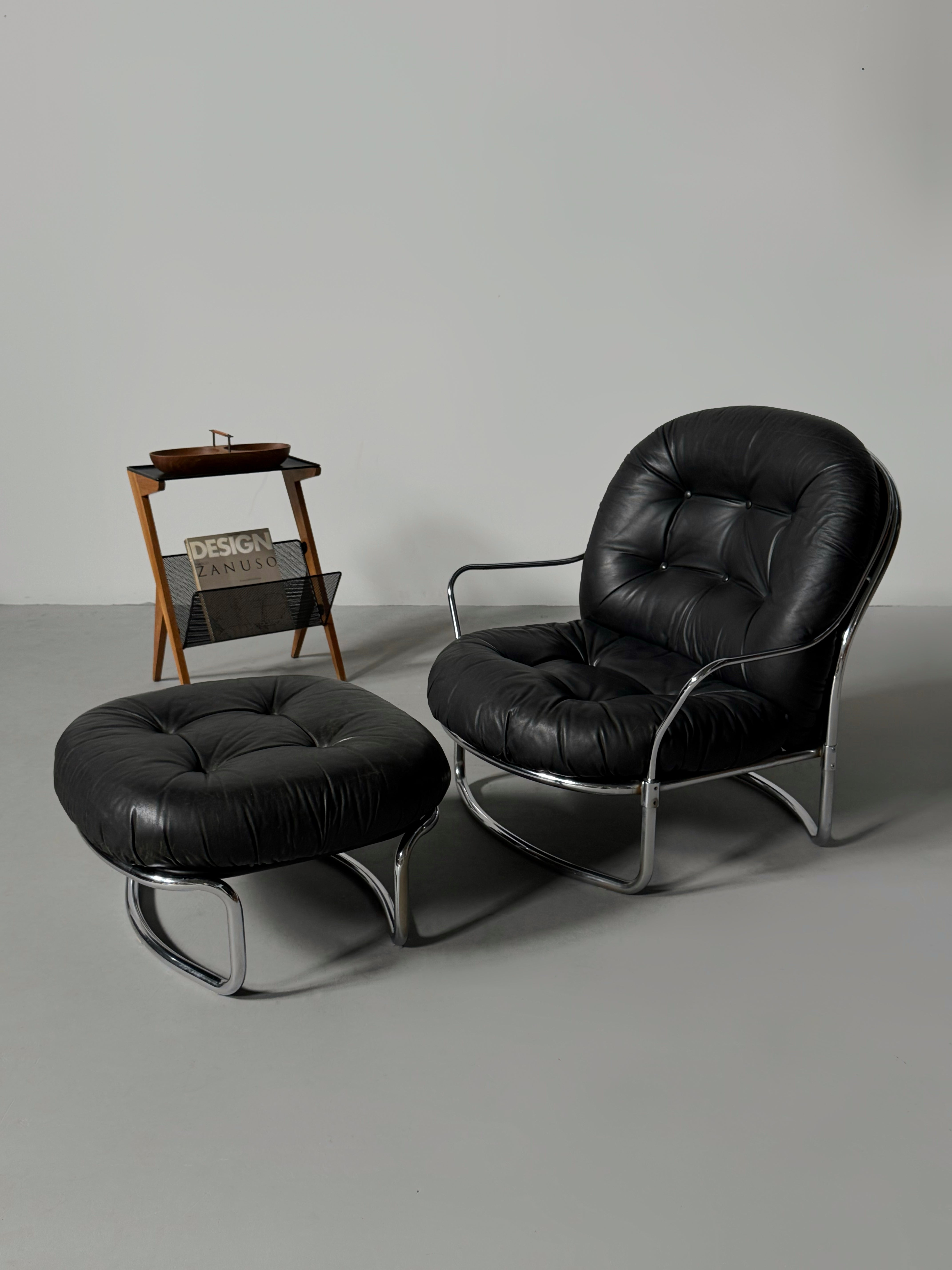 "915" Black Leather Armchair & Ottoman by Carlo de Carli, Italy 1960s