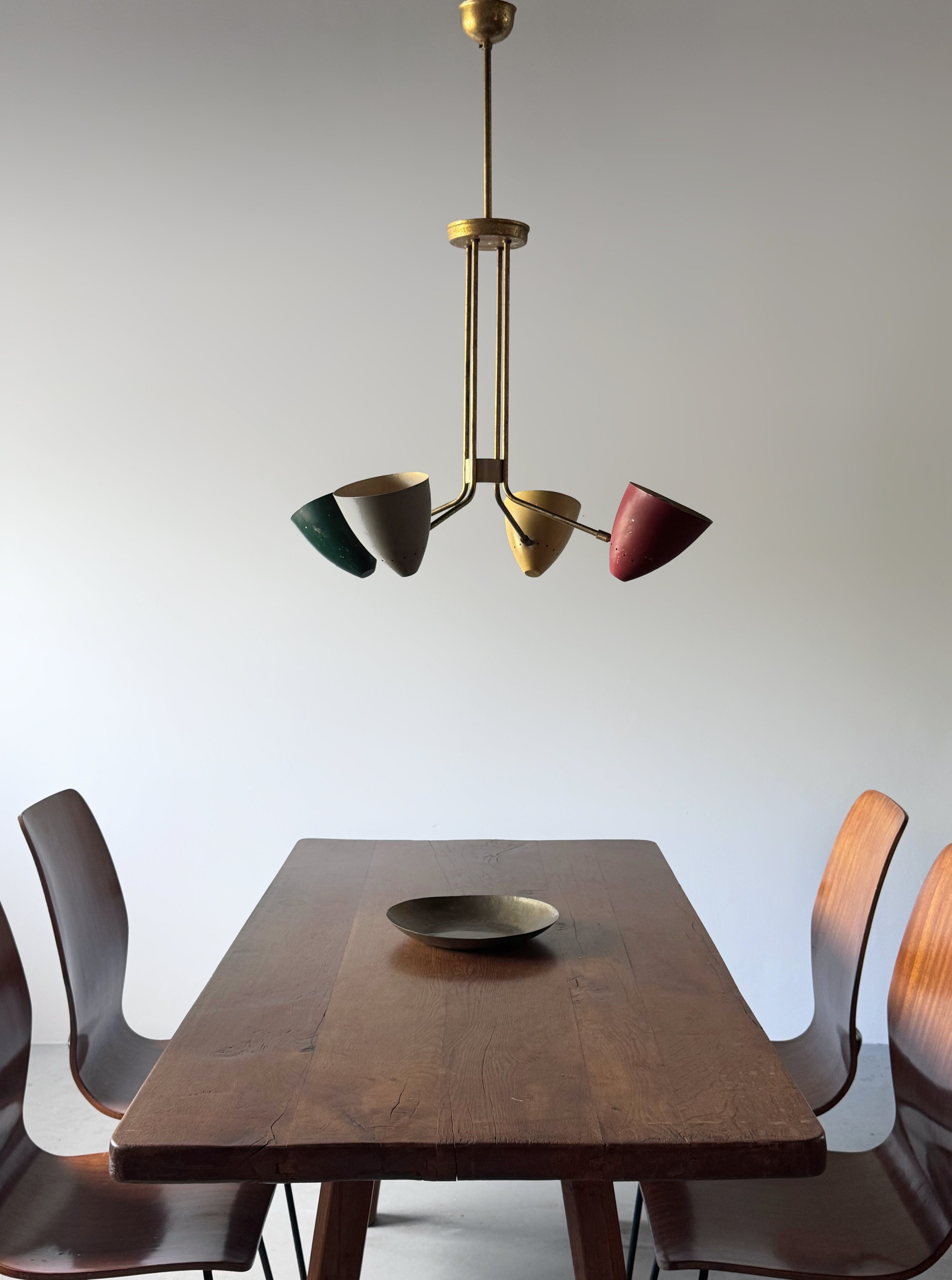 Italian Brass Chandelier with four Colorful Shades, 1950s