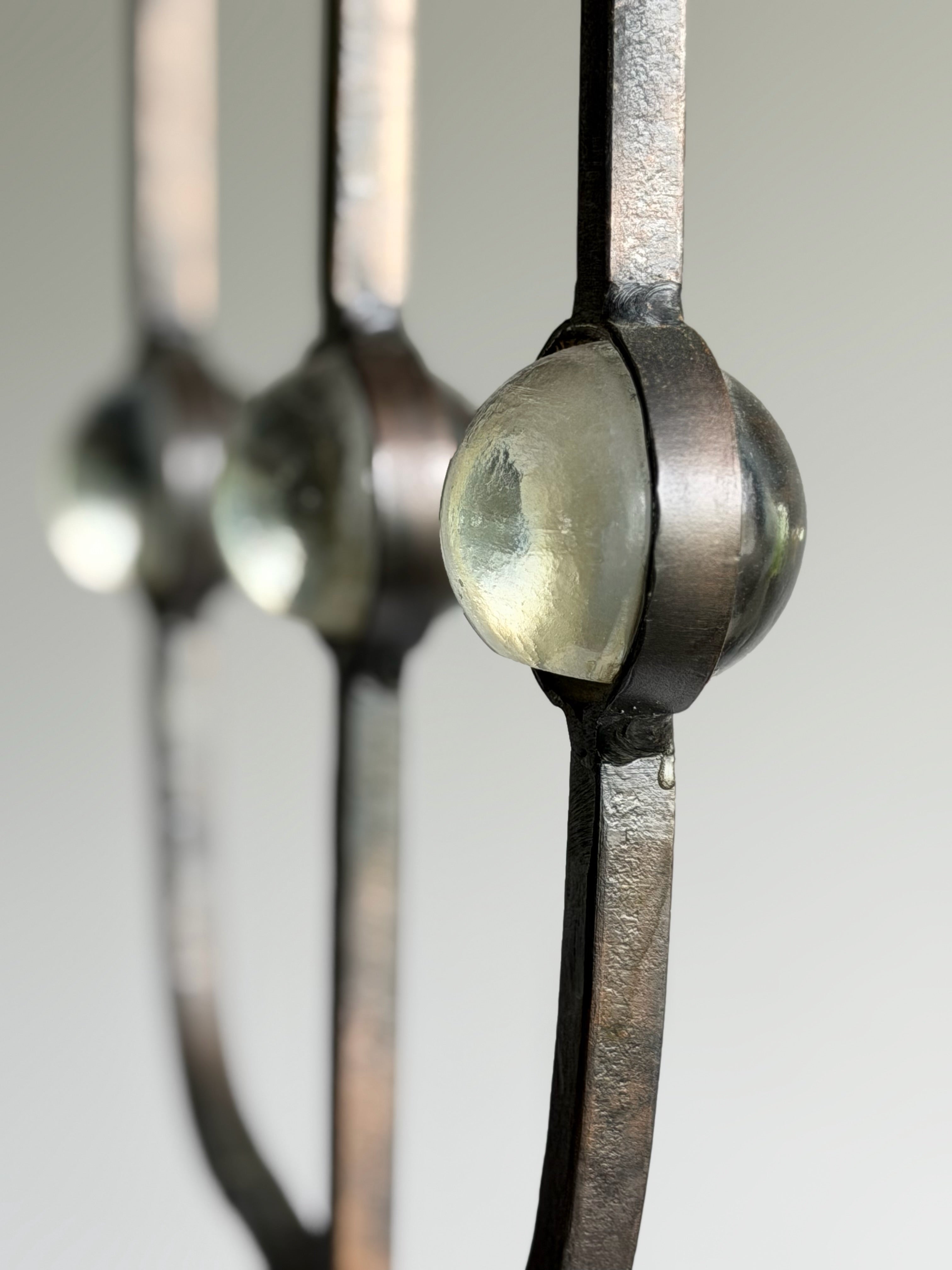 Three-Arm Wrought Iron Candle Holder with Glass Accents, 1950s