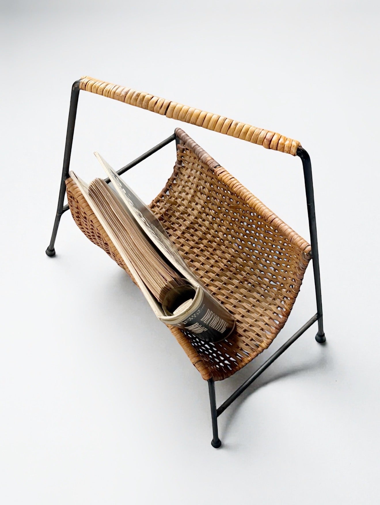 Vintage Rattan and Steel Magazine Rack, Italy 1950s