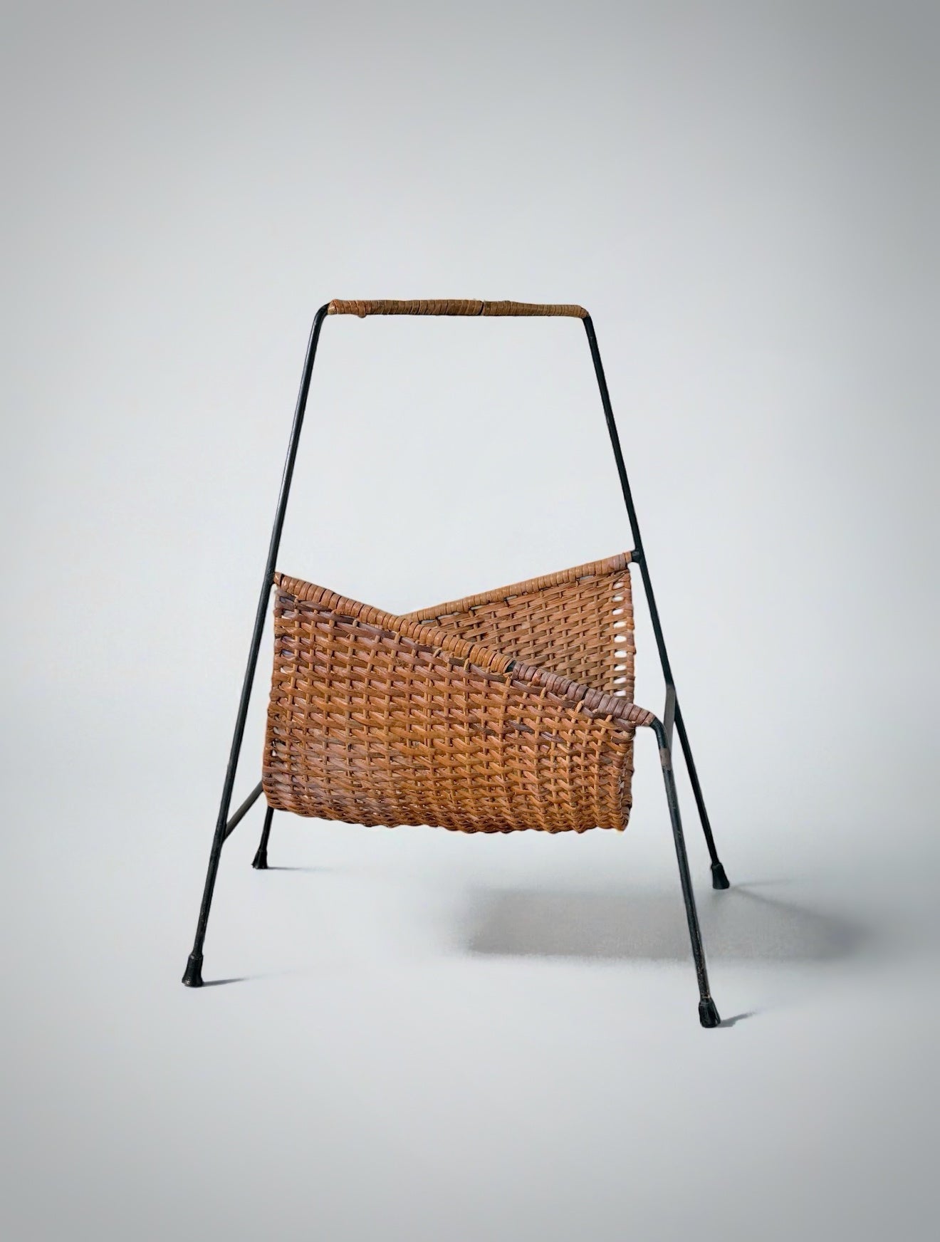 Vintage Rattan and Steel Magazine Rack, Italy 1950s