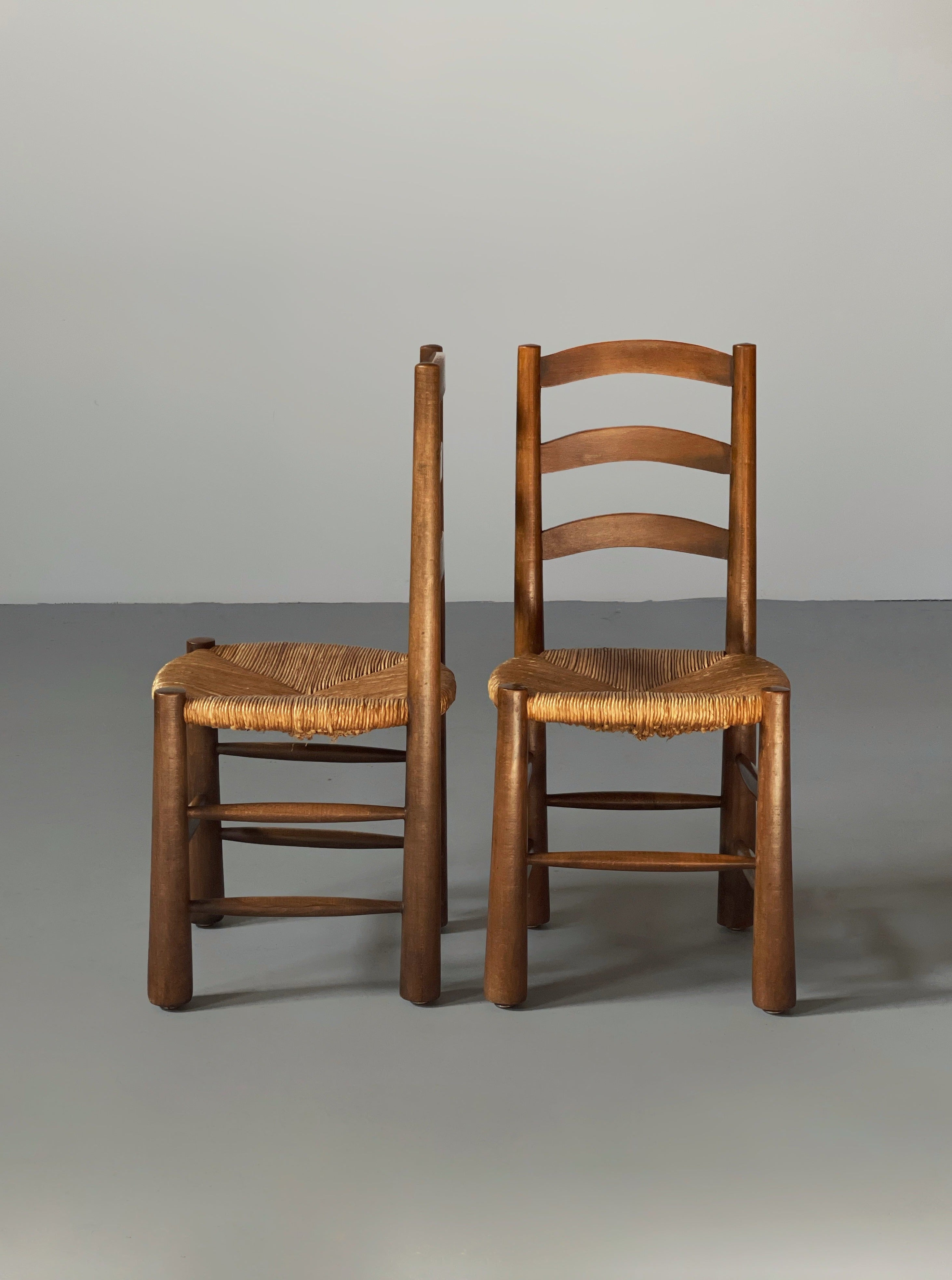 Set of 4 Georges Robert Dining Chairs in Oak and Rush France