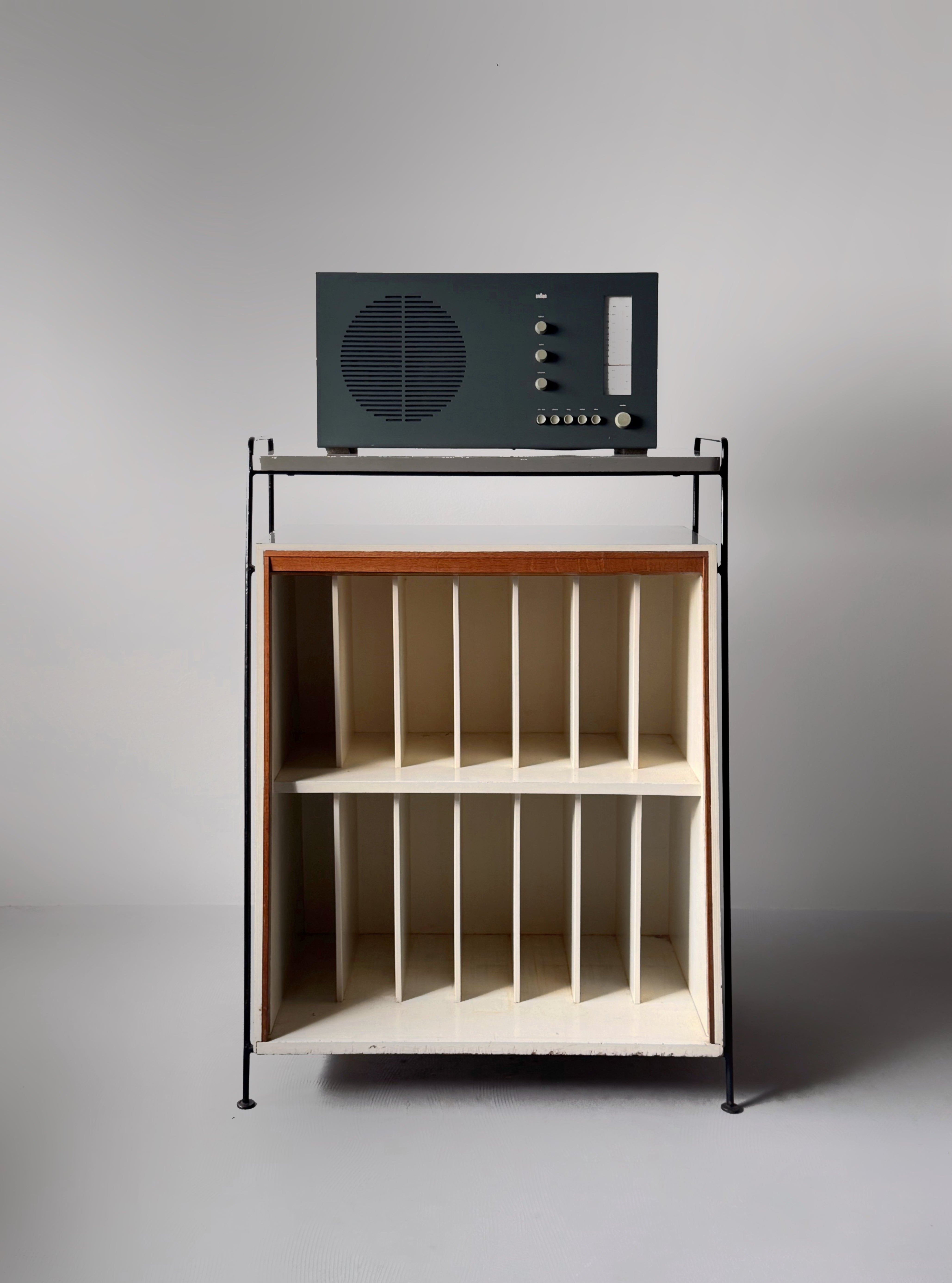 Mid century record storage cabinet with tambour door