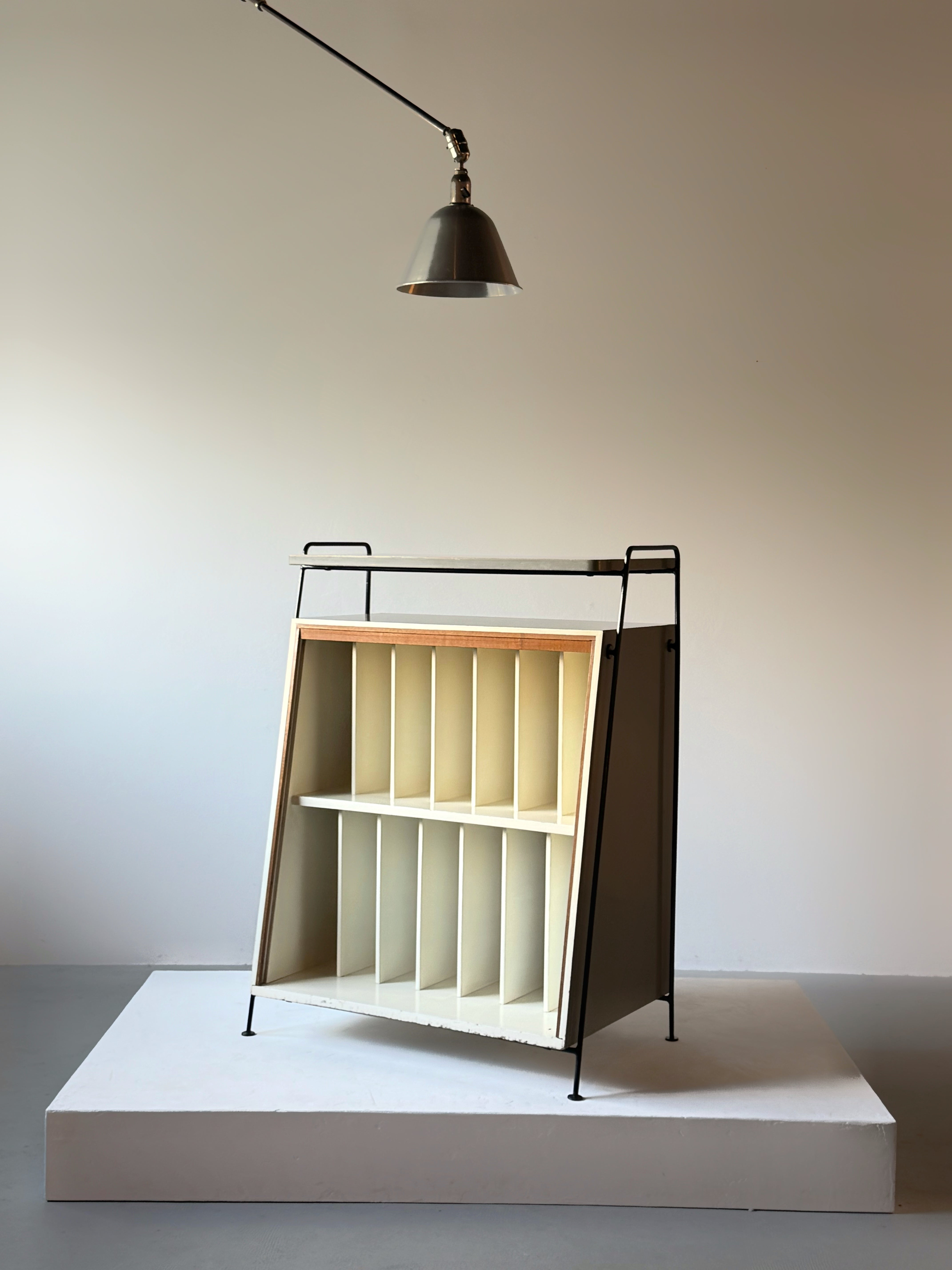 Mid century record storage cabinet with tambour door