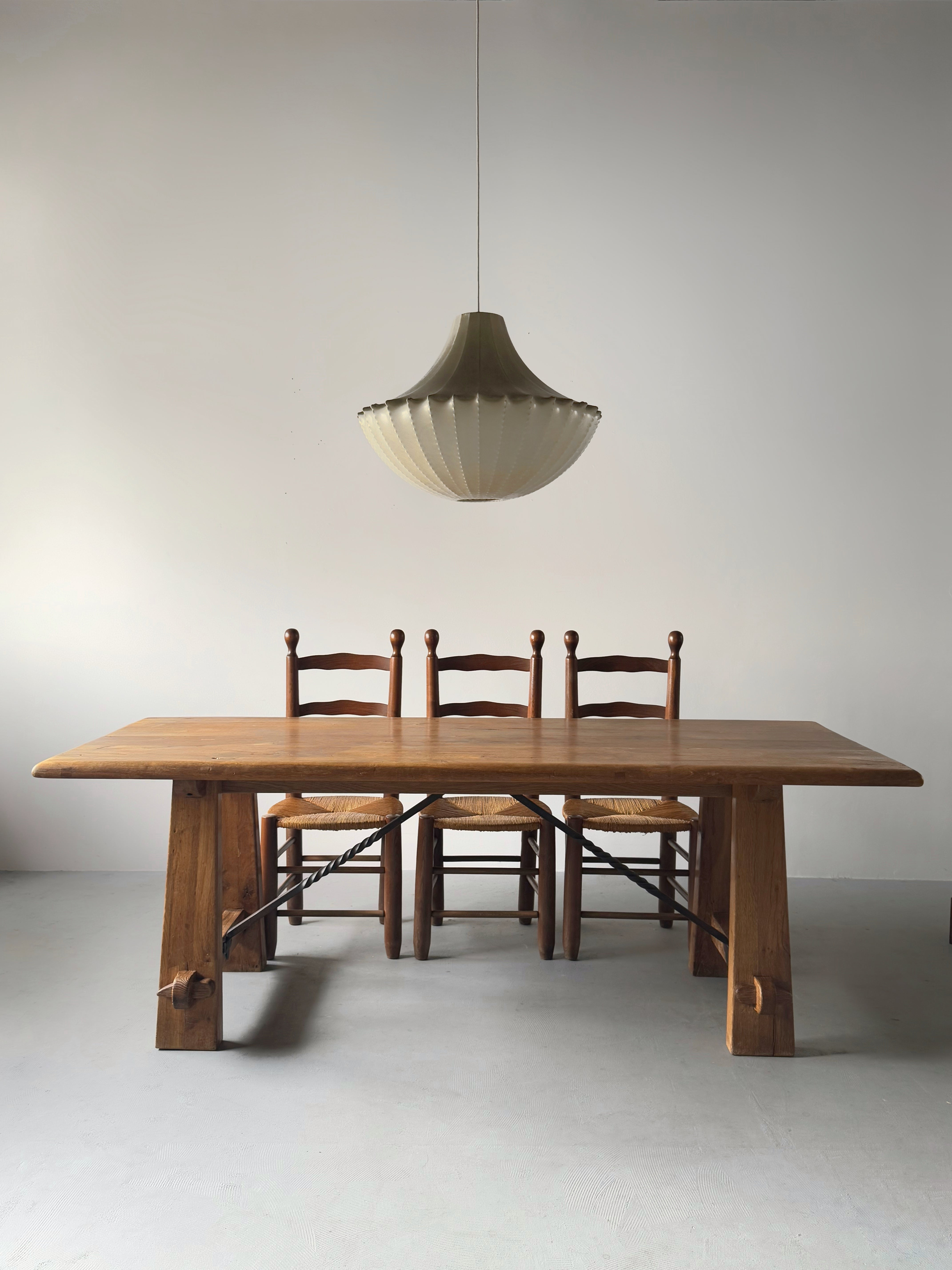 Set of 4 Rush and Oak Dining Chairs, French 1950s