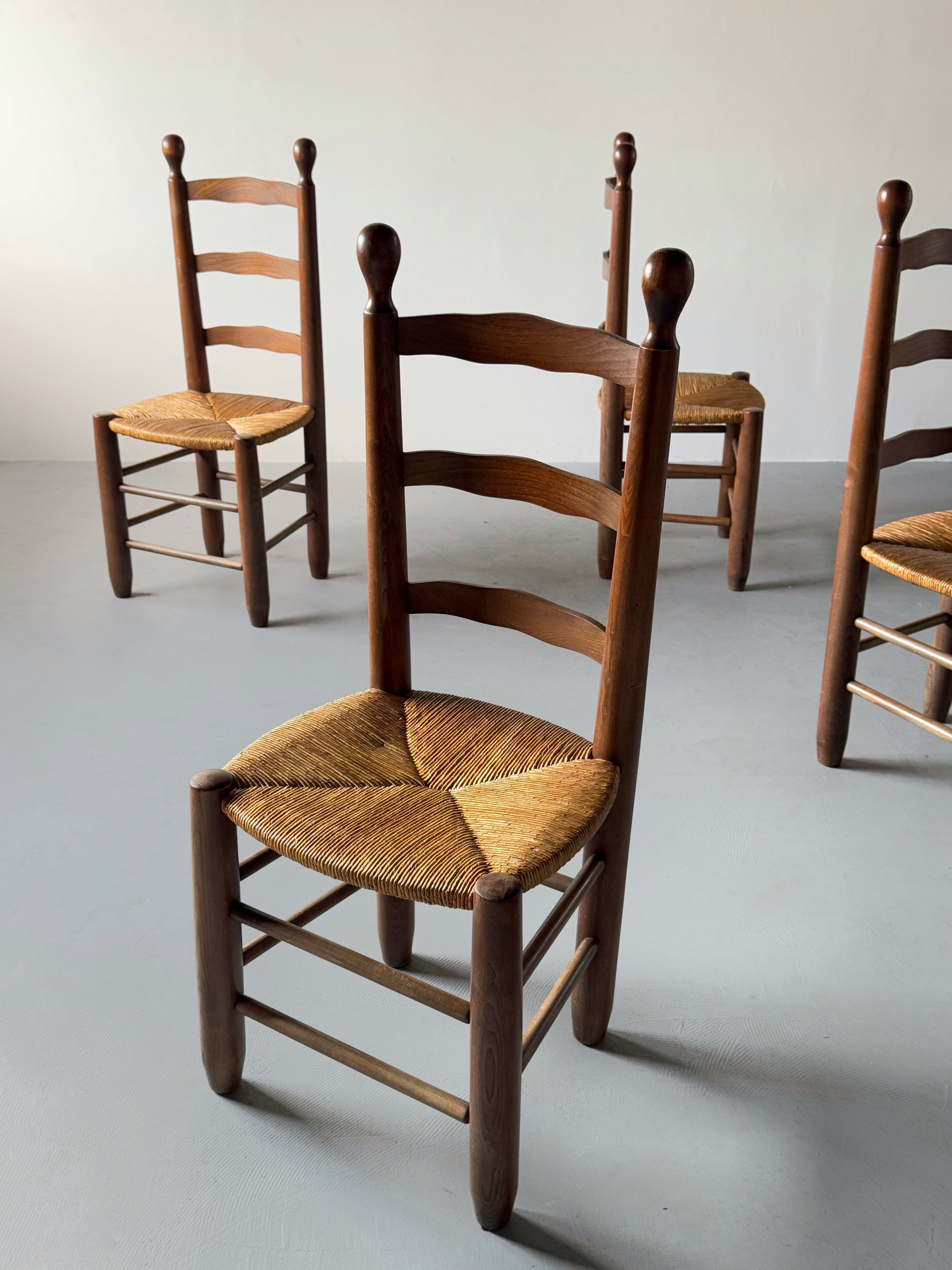 Set of 4 Rush and Oak Dining Chairs, French 1950s