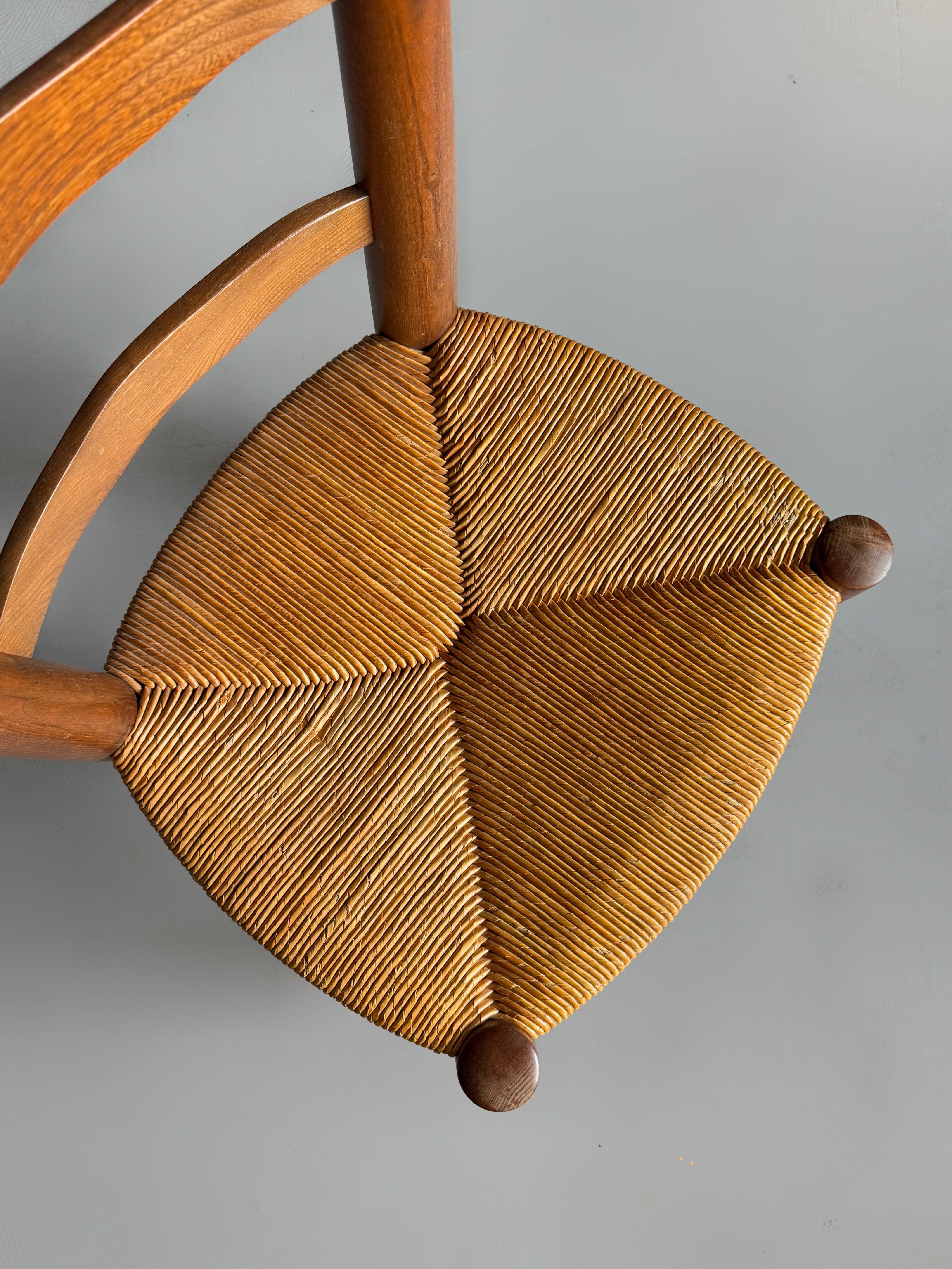 Set of 4 Rush and Oak Dining Chairs, French 1950s