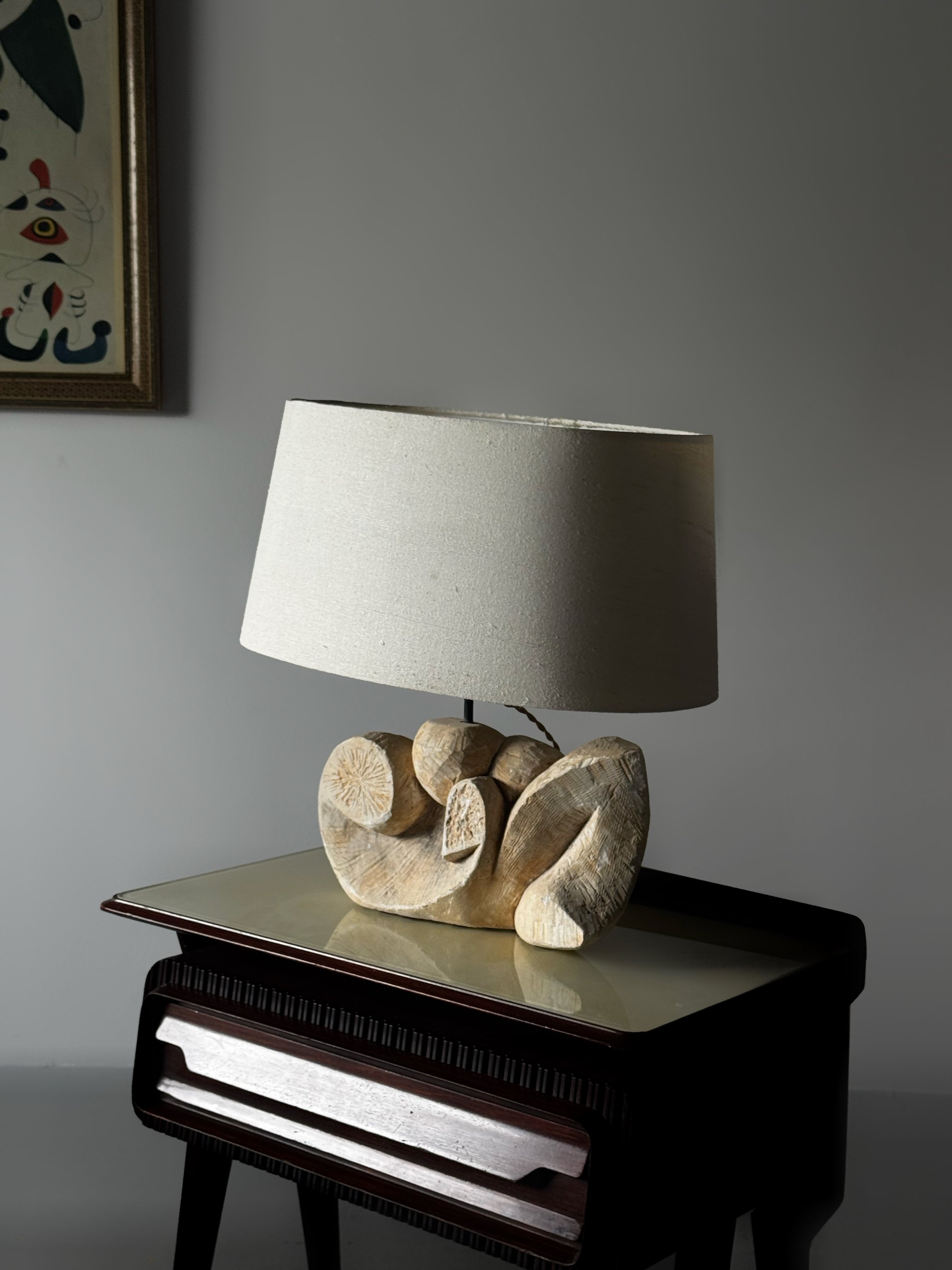 Unique plaster lamp with silk shade, France 1950s