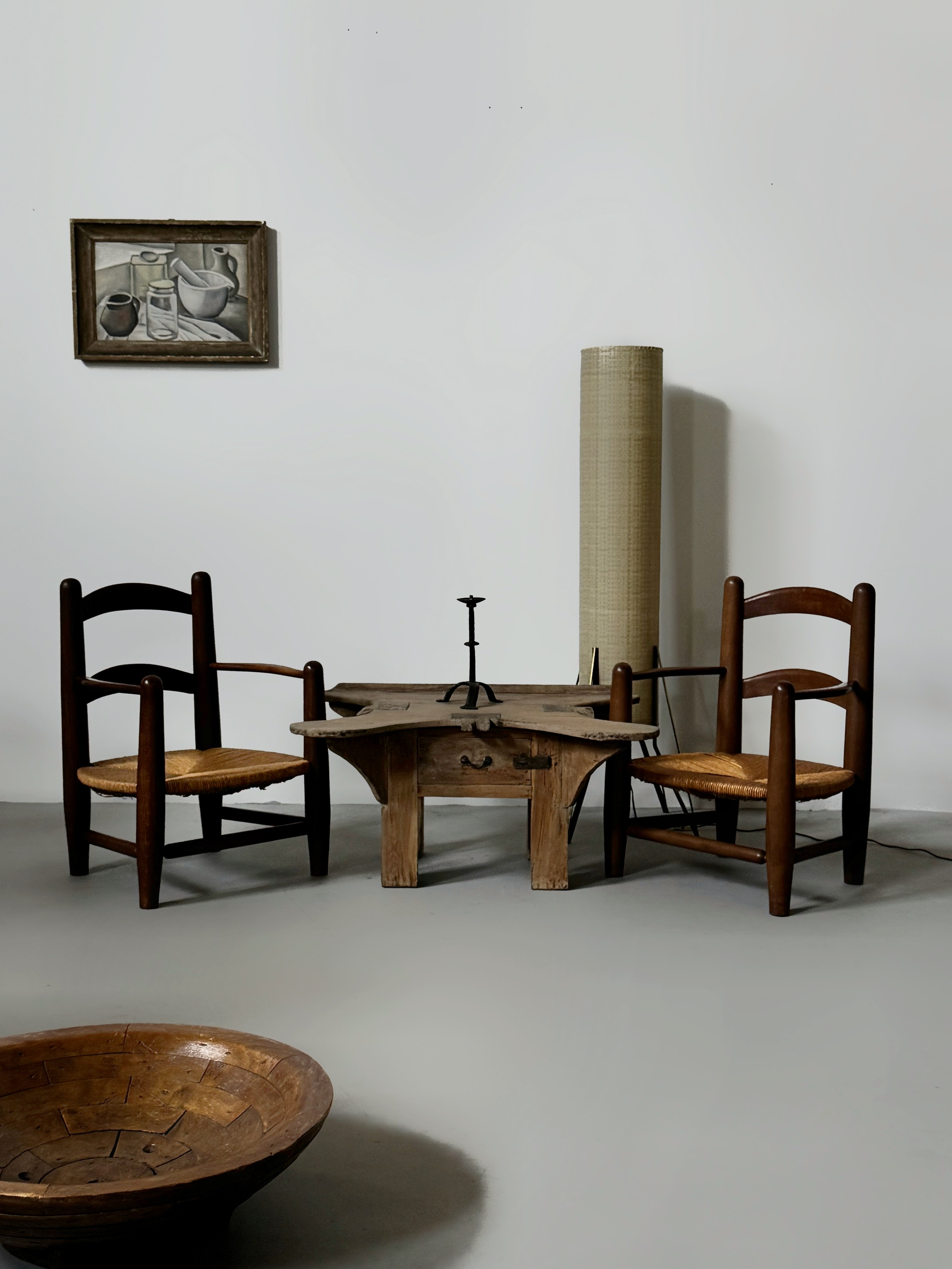 Pair of oak and cane armchairs, France 1950s