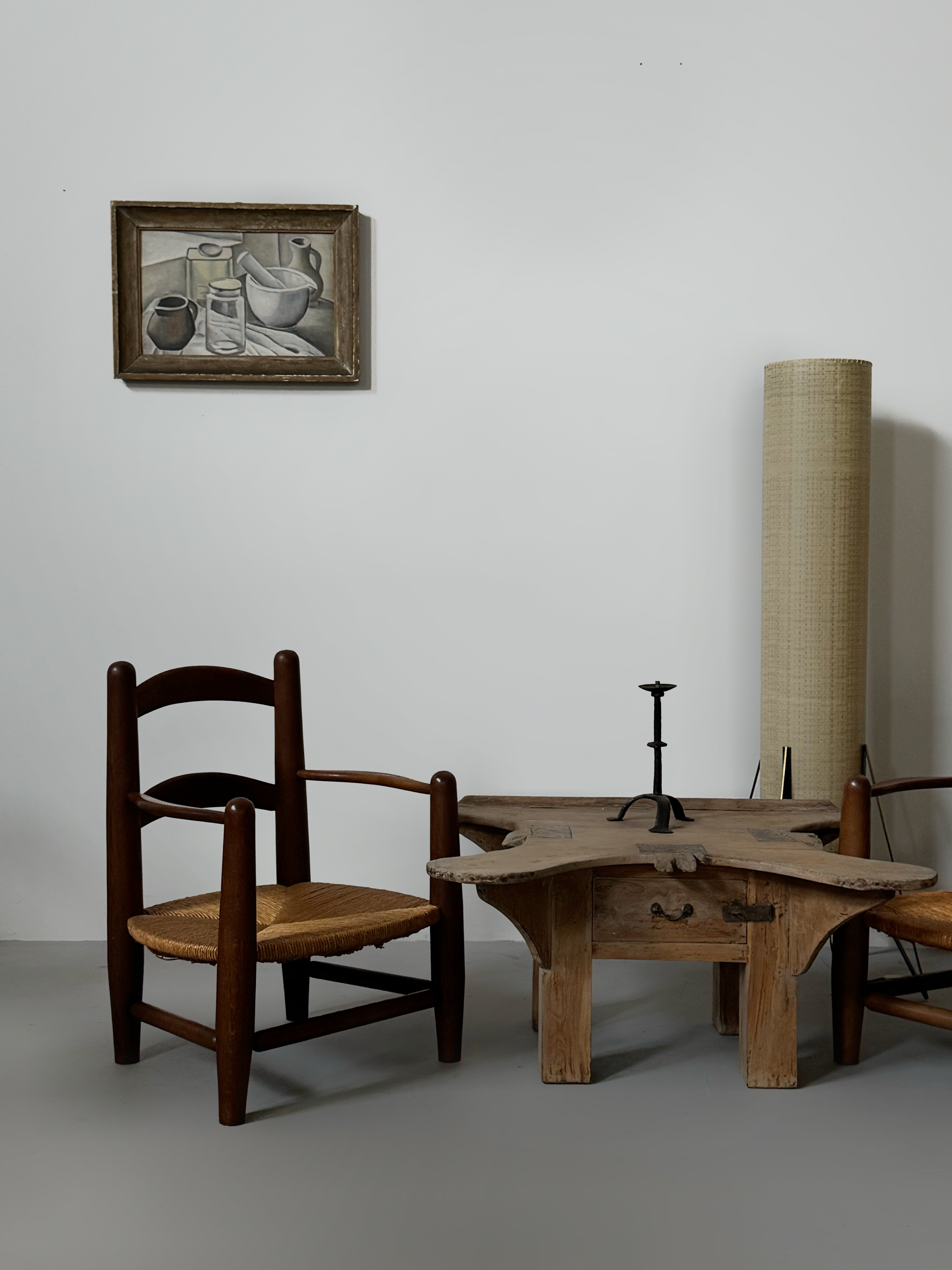 Pair of oak and cane armchairs, France 1950s