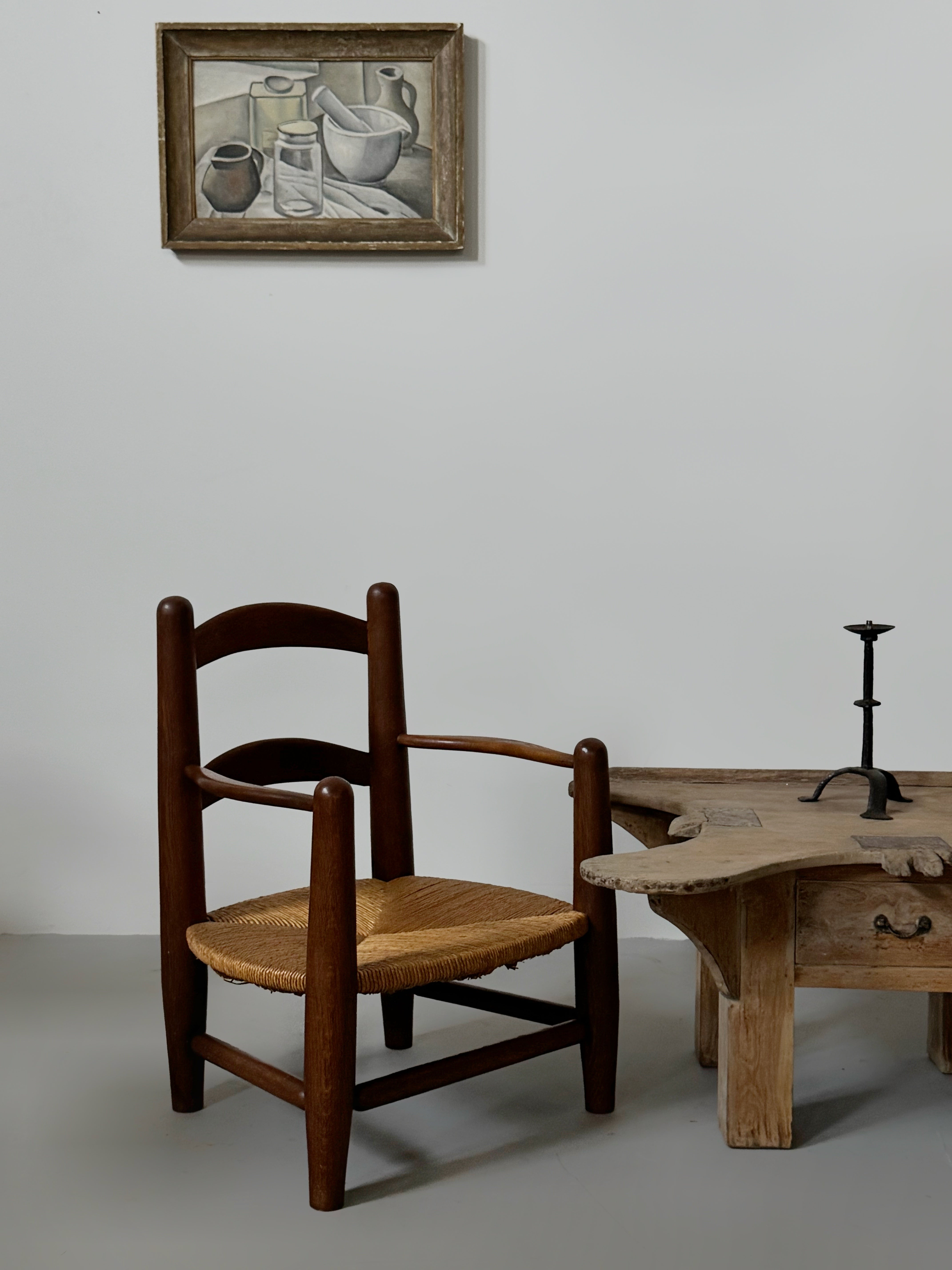 Pair of oak and cane armchairs, France 1950s