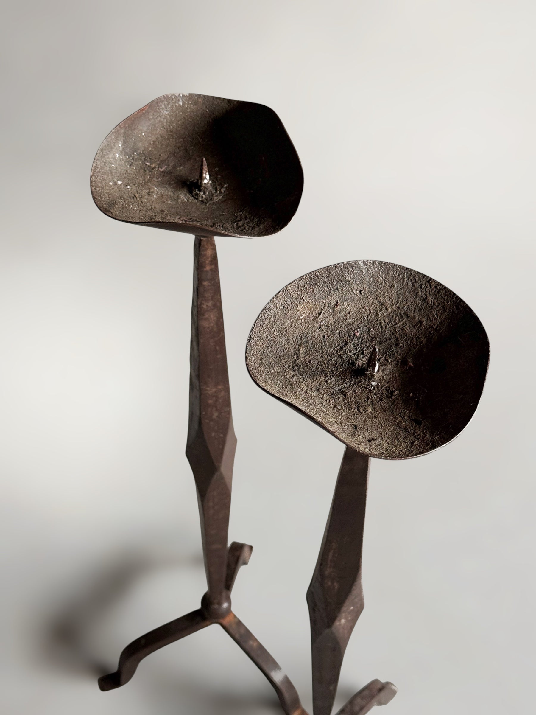 Pair of Brutalist Forged Iron Candle Holders, France 1950s–60s