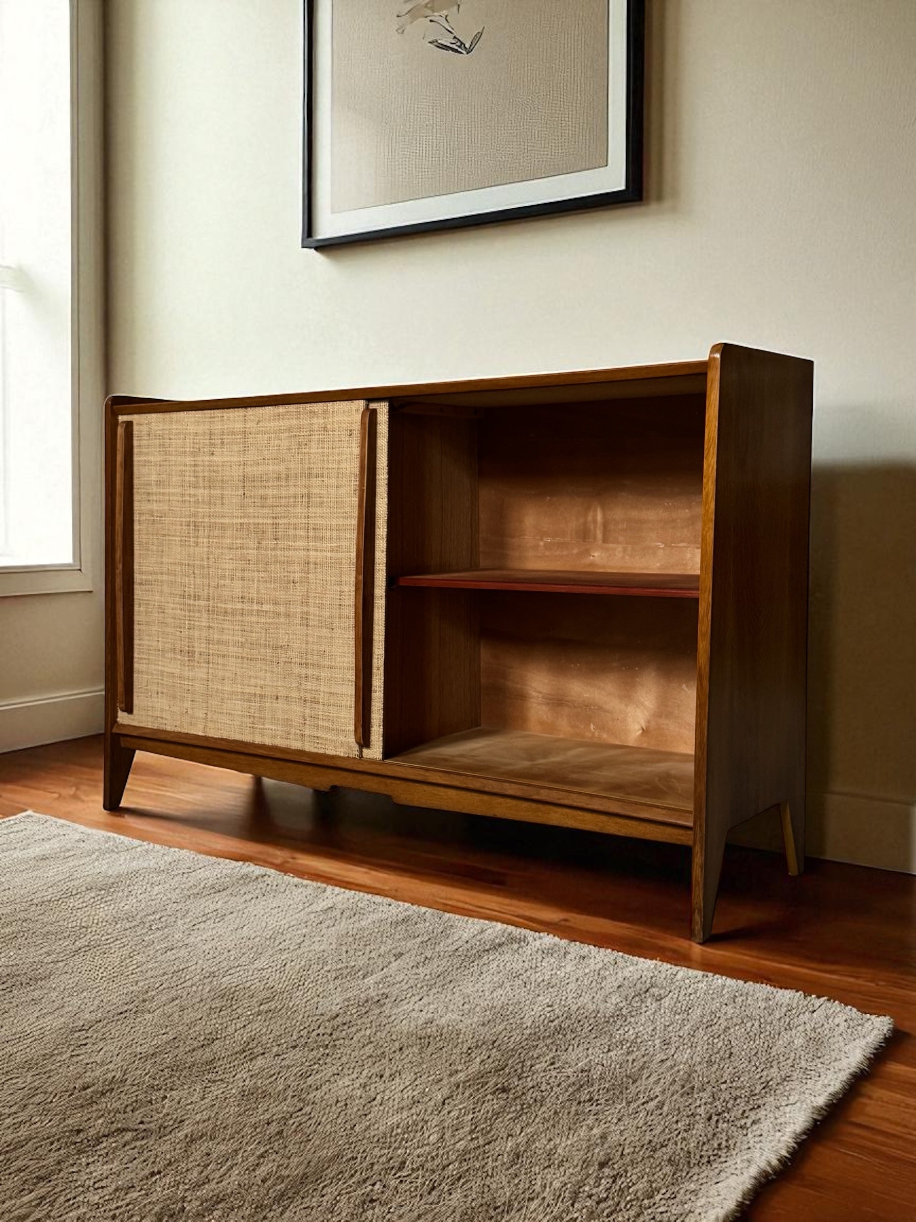 French Oak Cabinet Seagrass Doors 1950s
