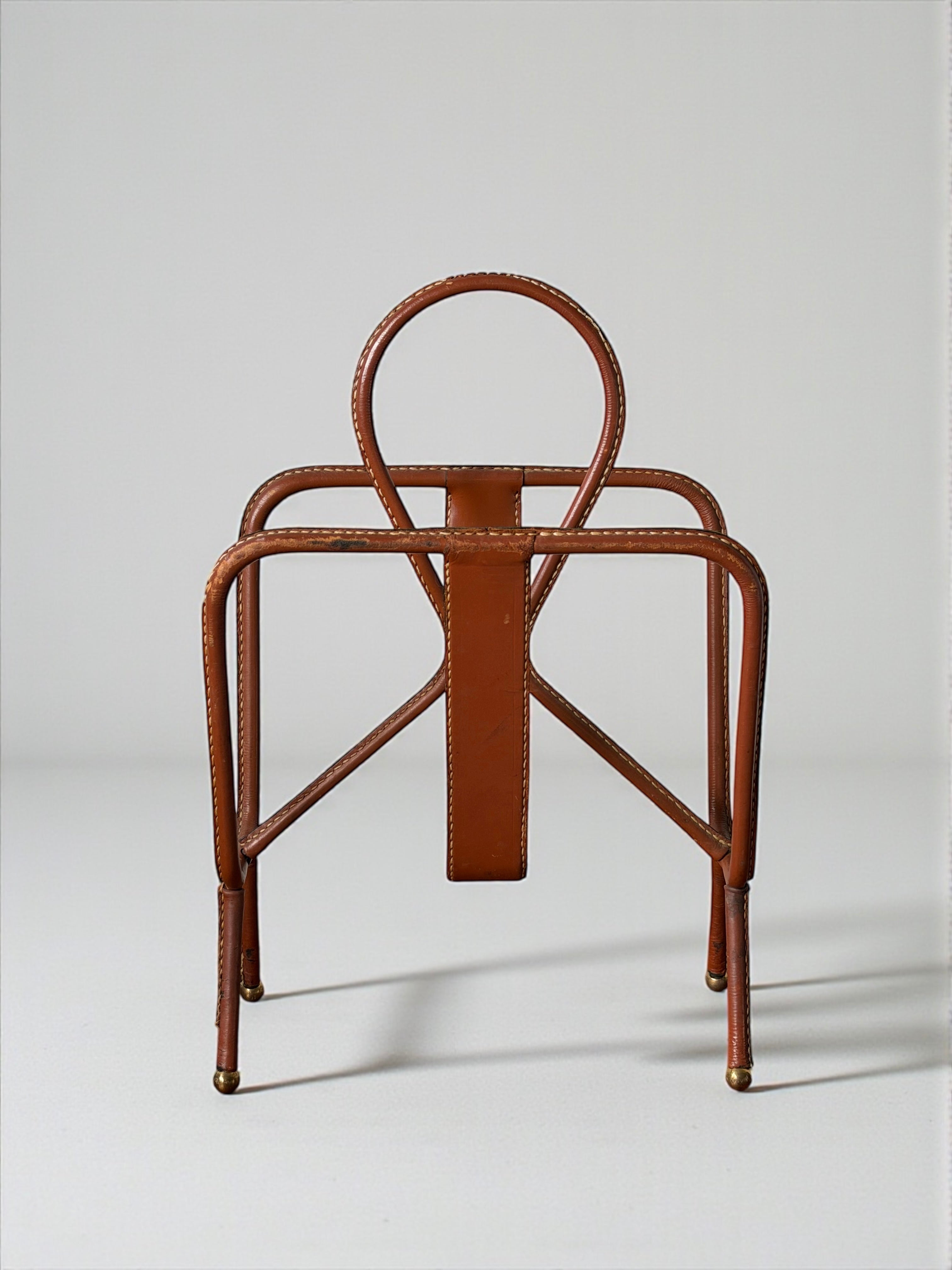 Leather Stitched Magazine Rack by Jacques Adnet, France 1950s