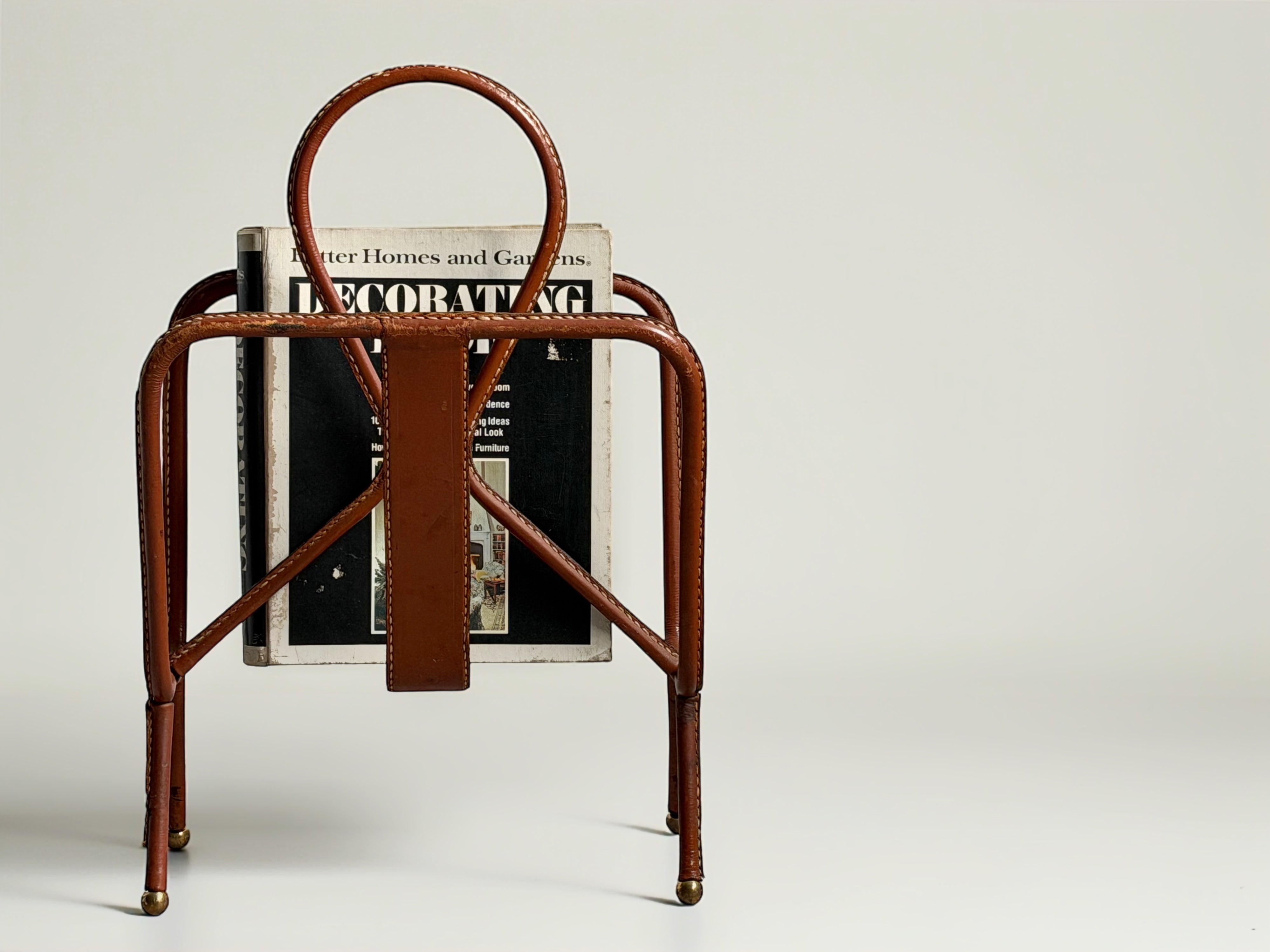 Leather Stitched Magazine Rack by Jacques Adnet, France 1950s